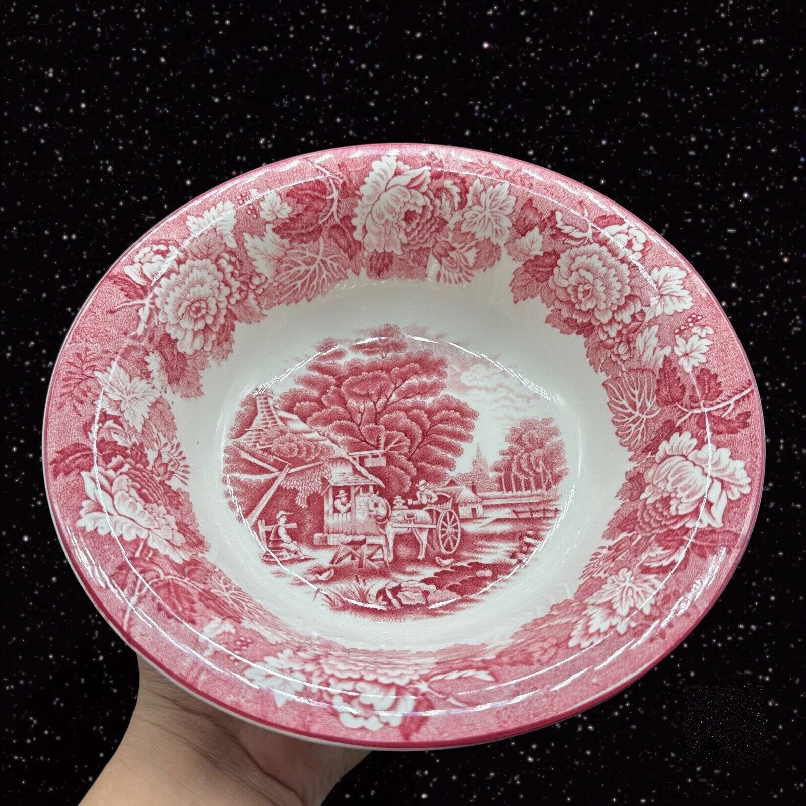 Enoch Woods Ware English Scenery Red Transfer Ware Luncheon Bowl Ceramic 9”Wide