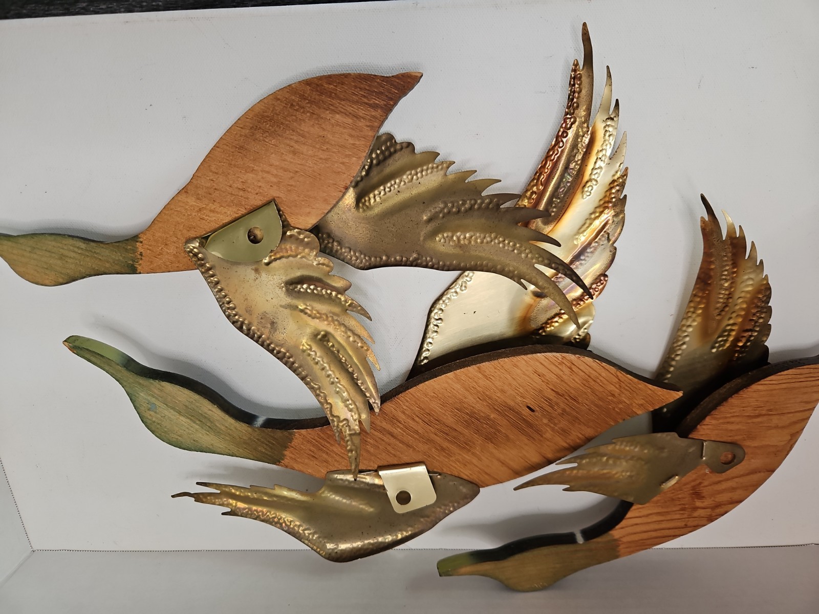 Vintage MCM Flying Ducks/Geese Wall Art Set Of 3 Wood Body/Brass Wings