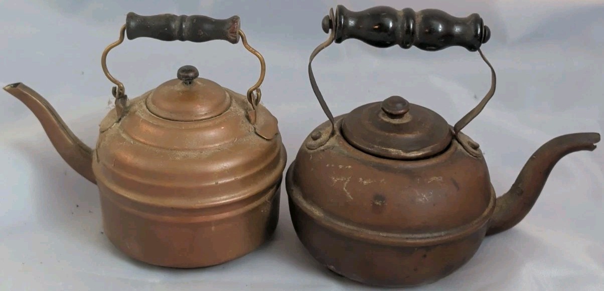 2 Miniature Copper Teapots Kettle Antique Salesman Samples Wood Handles 1800s 2 Miniature Copper Teapots Kettle Antique Salesman Samples Wood Handles 1800s