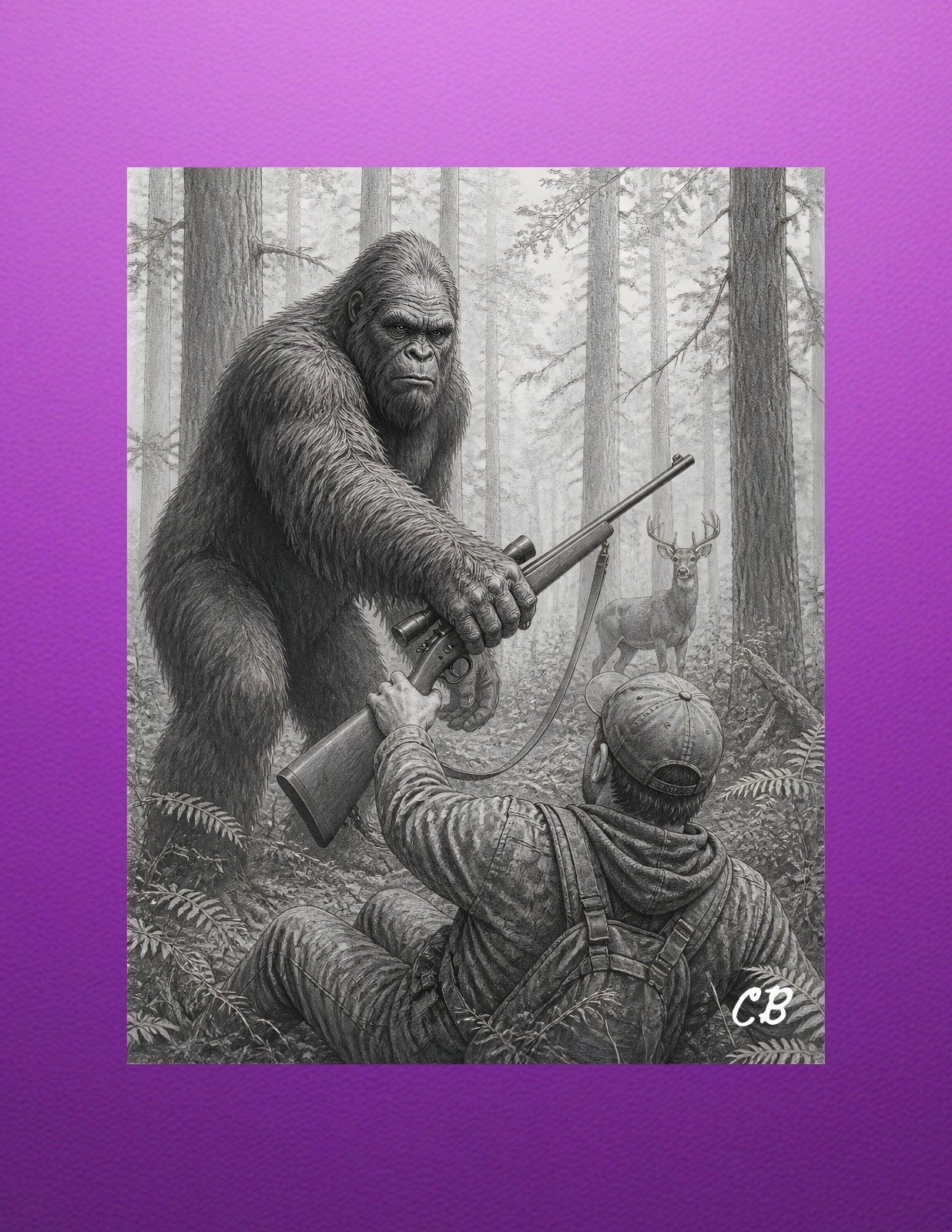 Bigfoot Stops Deer Hunter ACEO | Black White Cryptid Art | Sasquatch Forest
