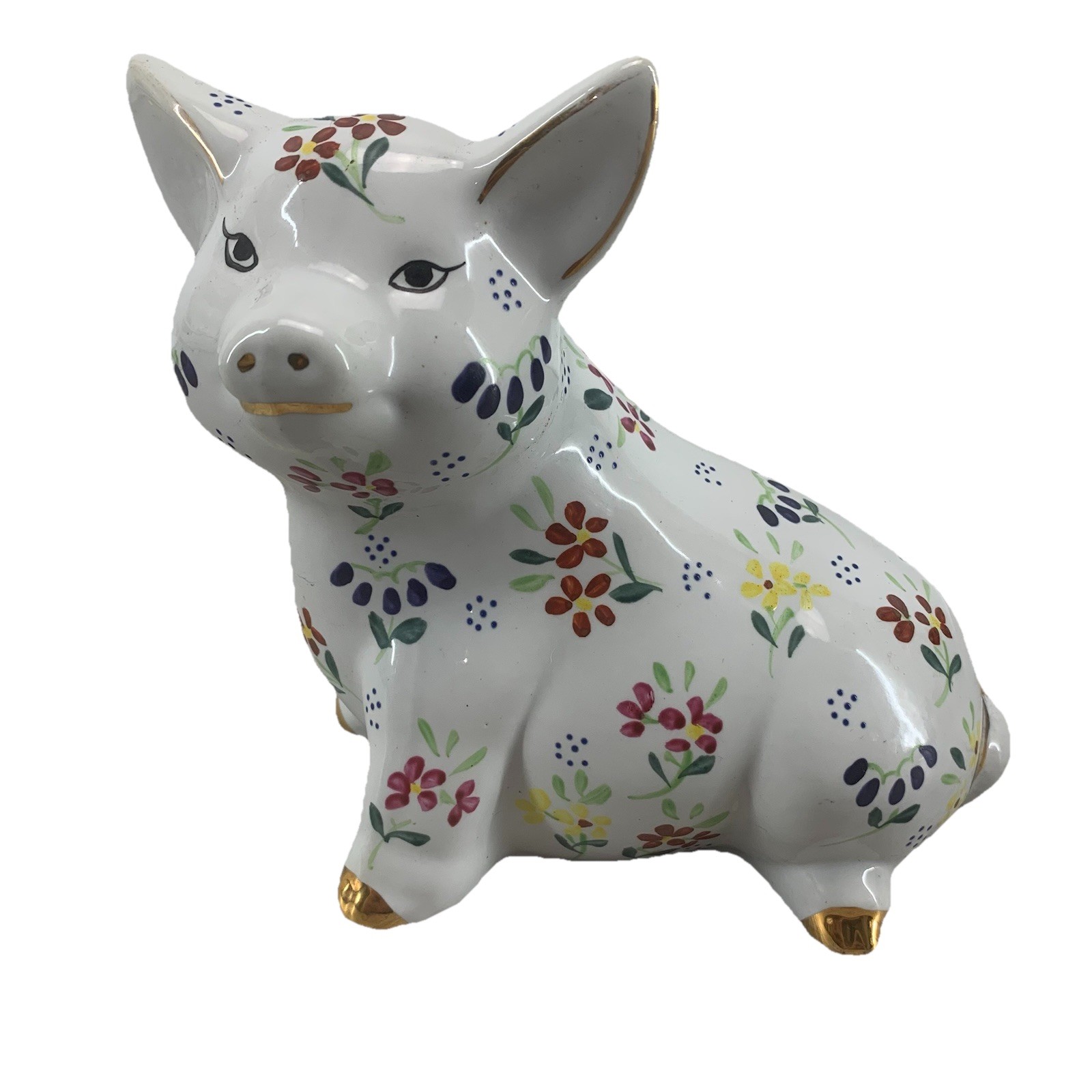 Vtg White Porcelain Baum Brothers Handpainted 10k Gold Trim Pig Figurine 7x6