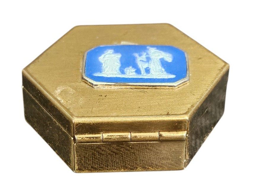 Vintage Trinket Powder Box Octagonal Mid Century Brass Hexagon Jasperware Style