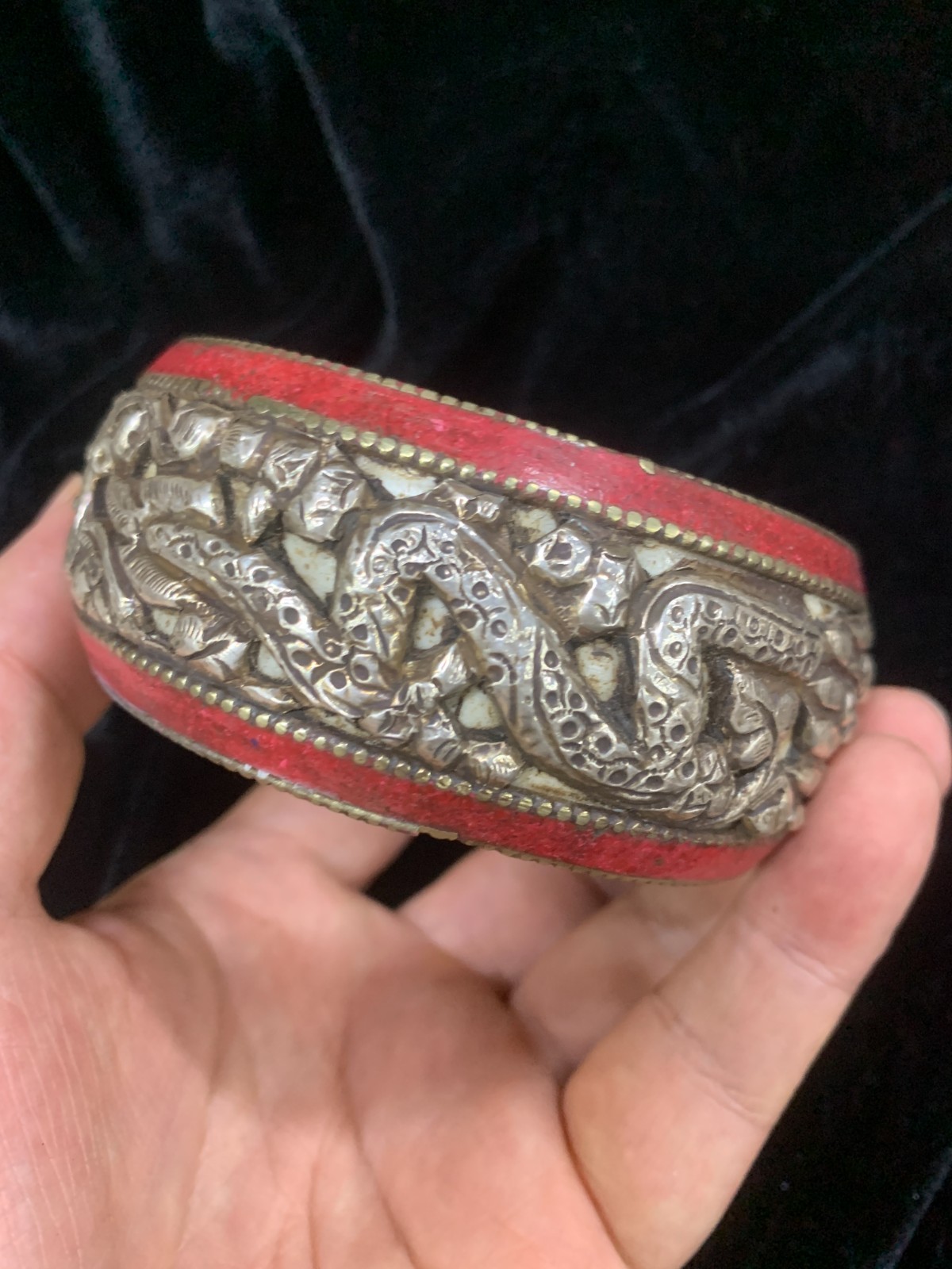 Unique Hand Made Tibetan Old Silver/Bone Ritual Bangle Bracelet