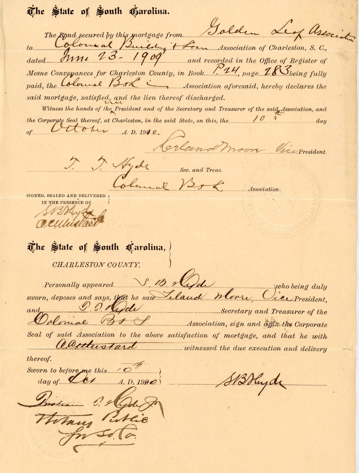 1910 South Carolina Mortgage Charleston Golden Leaf Assoc Signed TT Hyde Mayor
