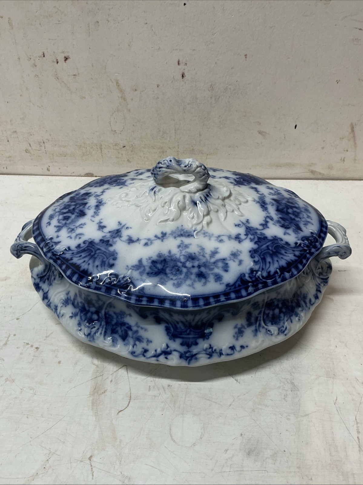 Antique English Flow Blue Covered Tureen by S. Hancock & Sons Coronet Pattern