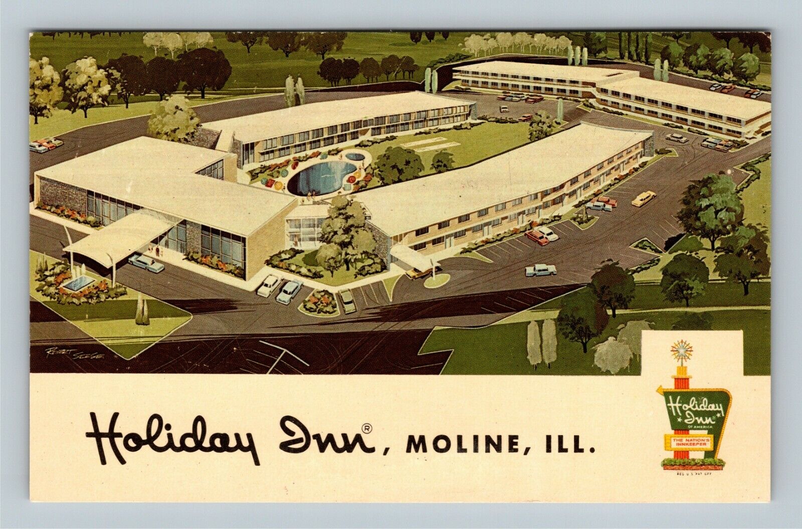 Moline IL, Holiday Inn, Aerial View, Artist Drawing, Illinois Vintage Postcard