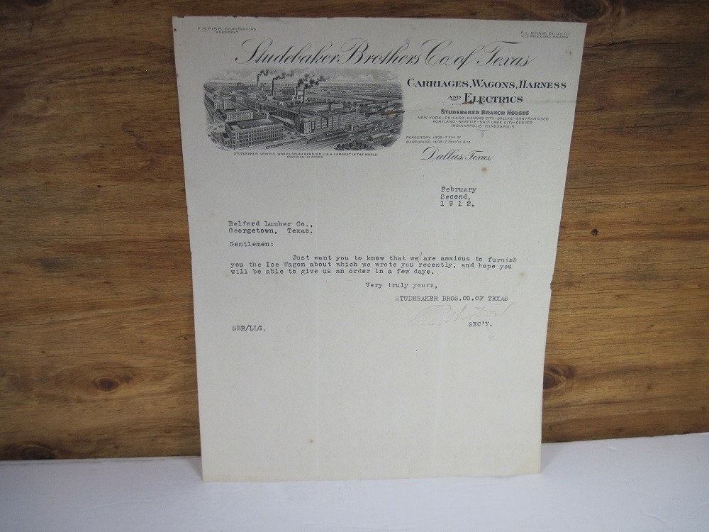 VINTAGE STUDEBAKER BROTHERS OF TEXAS LETTER DATED FEBRUARY 2, 1912
