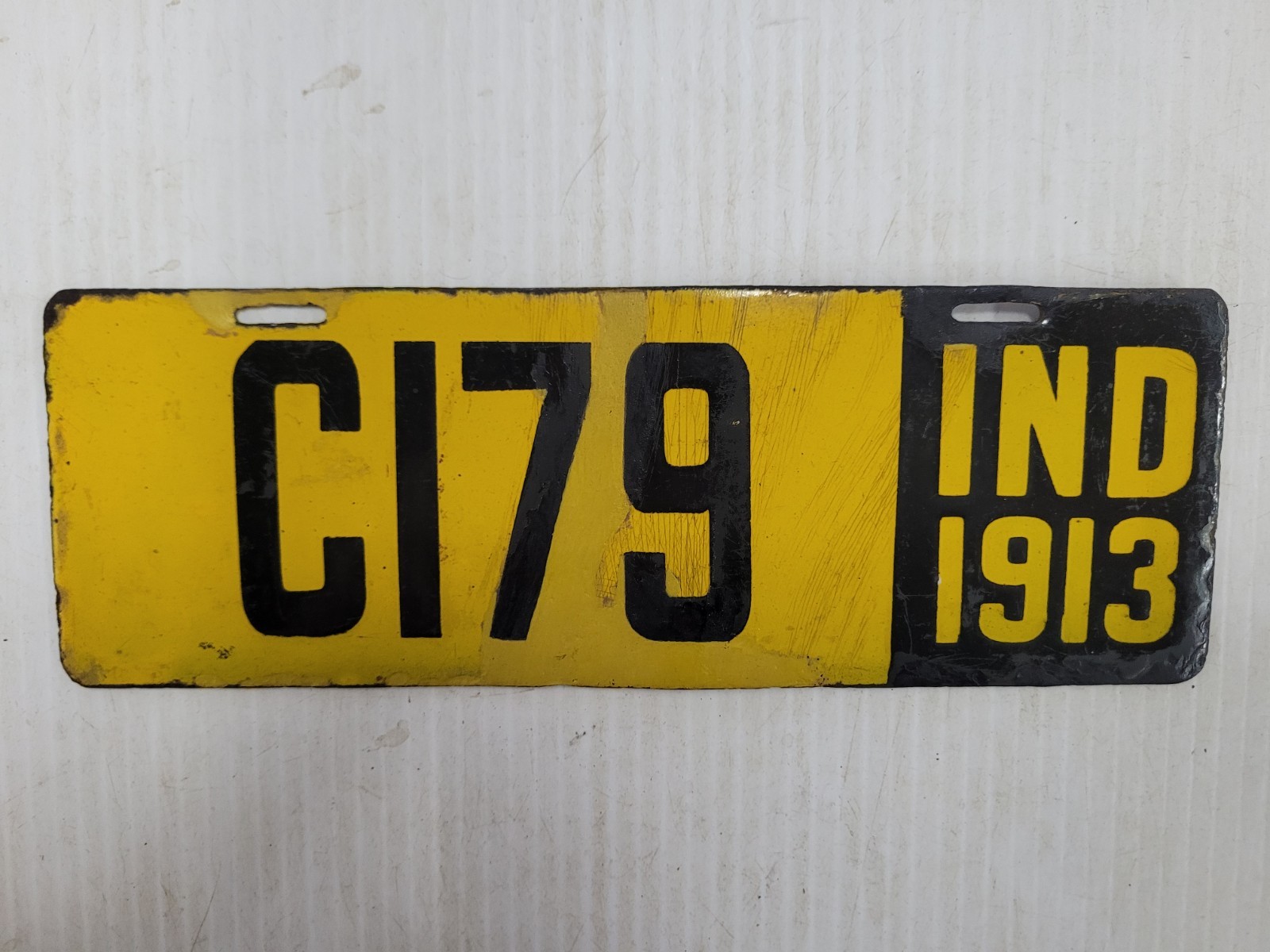 1913 Indiana  License Plate Tag PORCELAIN MOTORCYCLE FIRST ISSUE