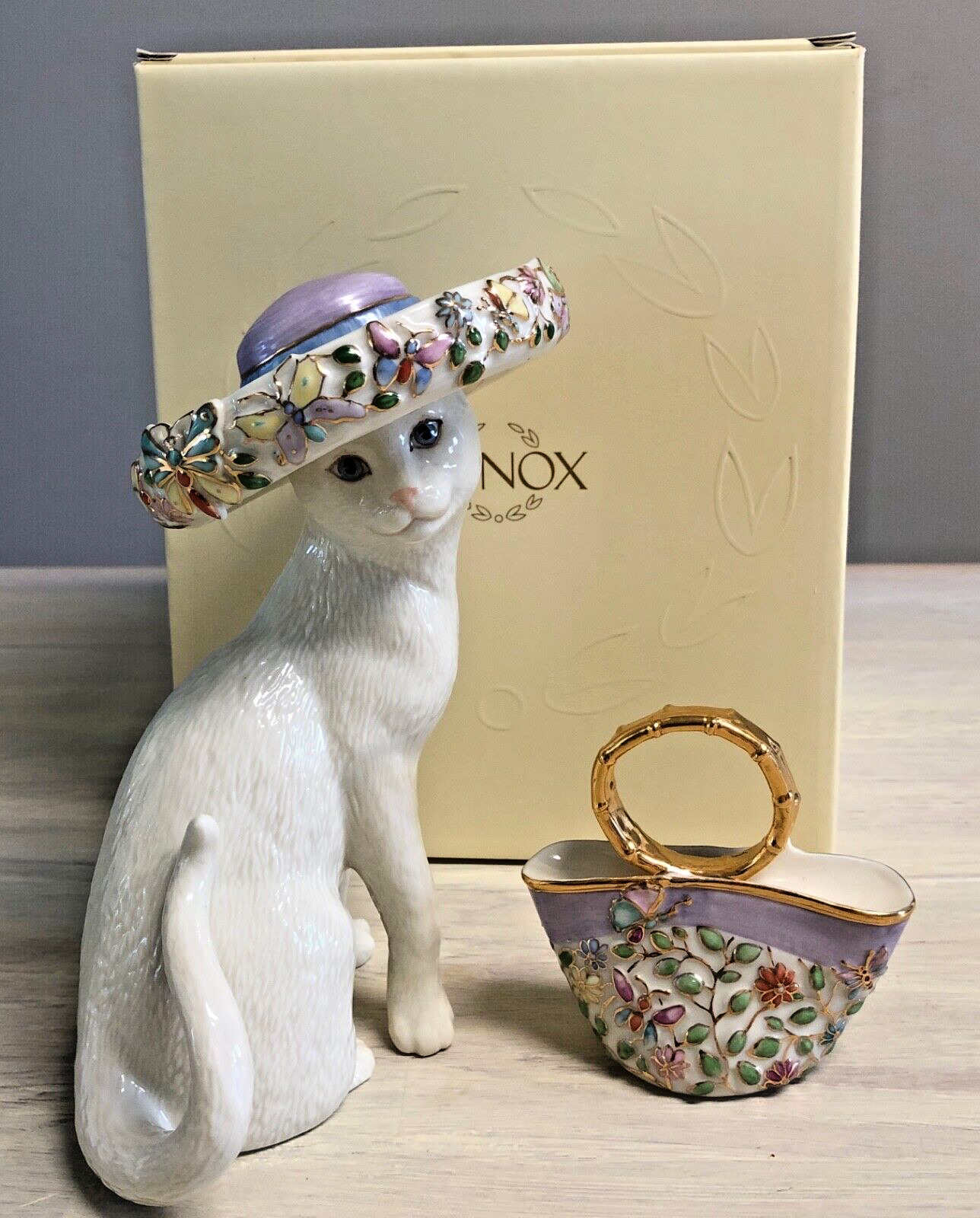 Vintage Lenox Colorful Porcelain Cat With Bejeweled Hat And Purse 24k Detail