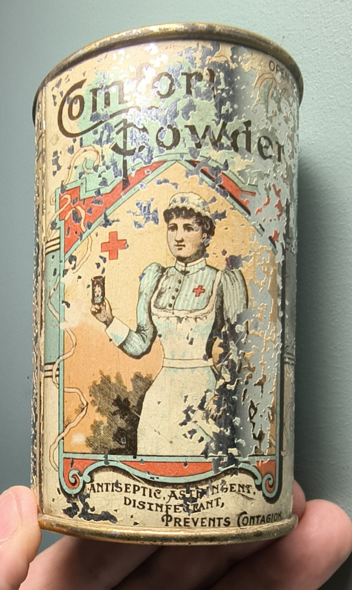 ANTIQUE Comfort Powder Tin Advertising Litho Can NURSE infant skin powder ROUGH