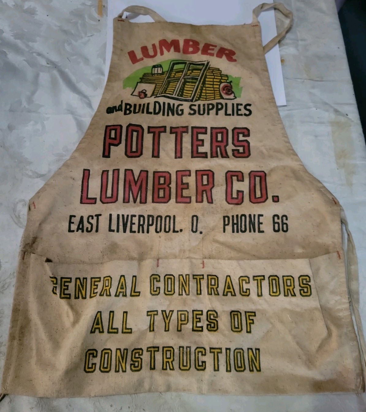 Vintage Potters LUMBER CO. cloth nail apron East Liverpool Ohio, Hardware Store