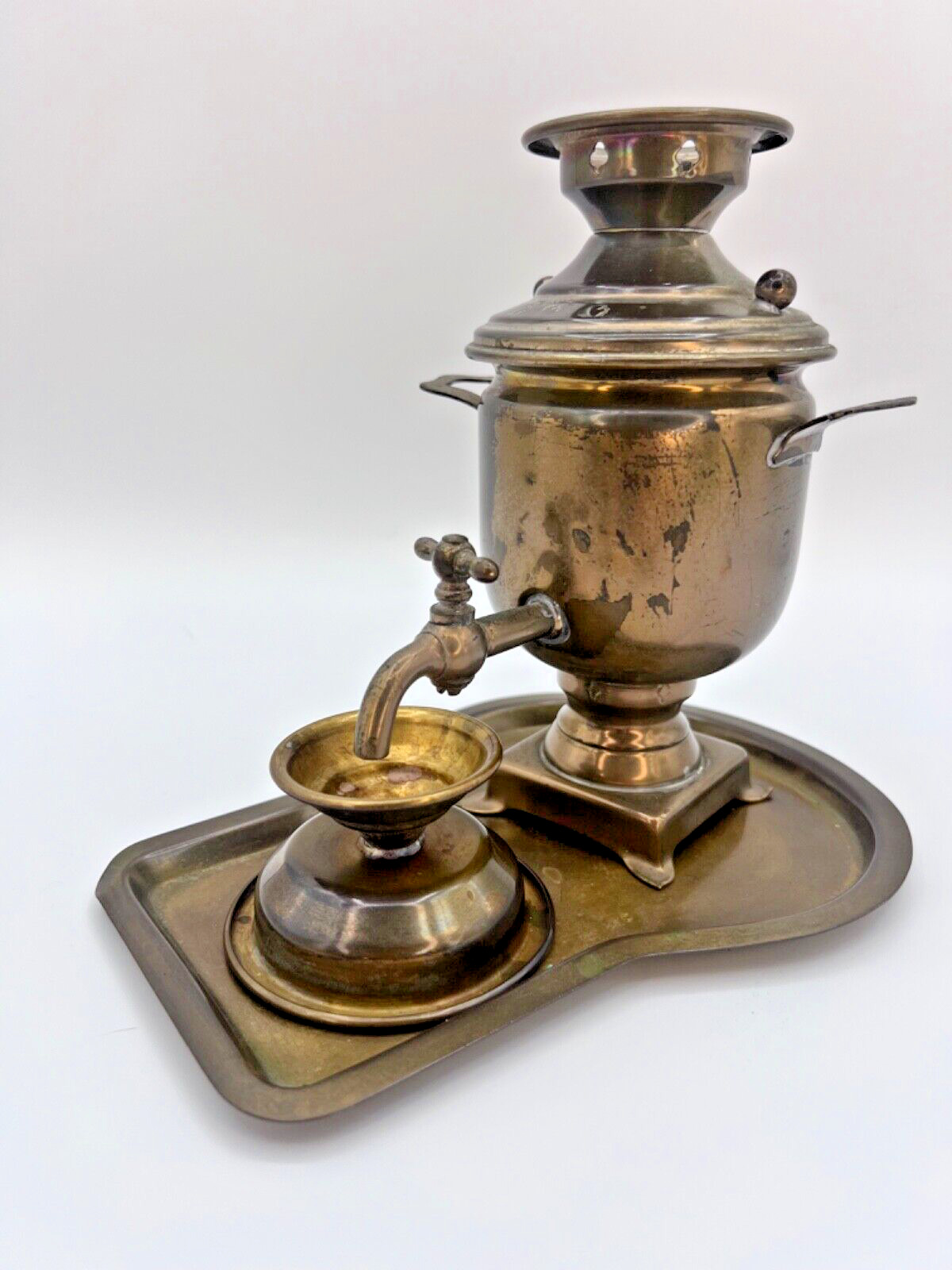 Miniature Brass Russian Samovar Tea Urn Tray Bowl Vintage Souvenir Soviet Union