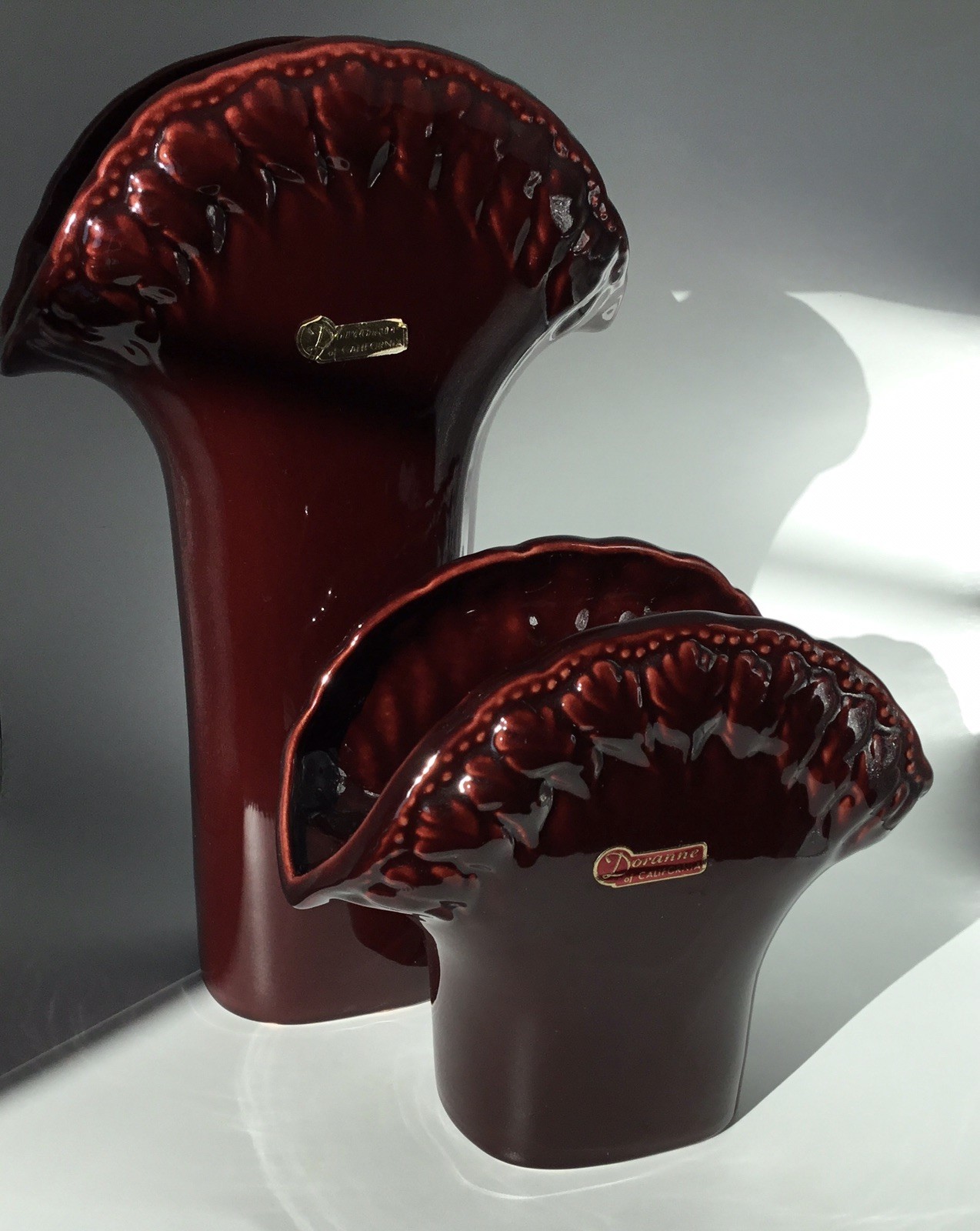 Vintage Doranne Of California Burgundy Fan Vases (pair) Vintage Doranne Of California Burgundy Fan Vases (pair)