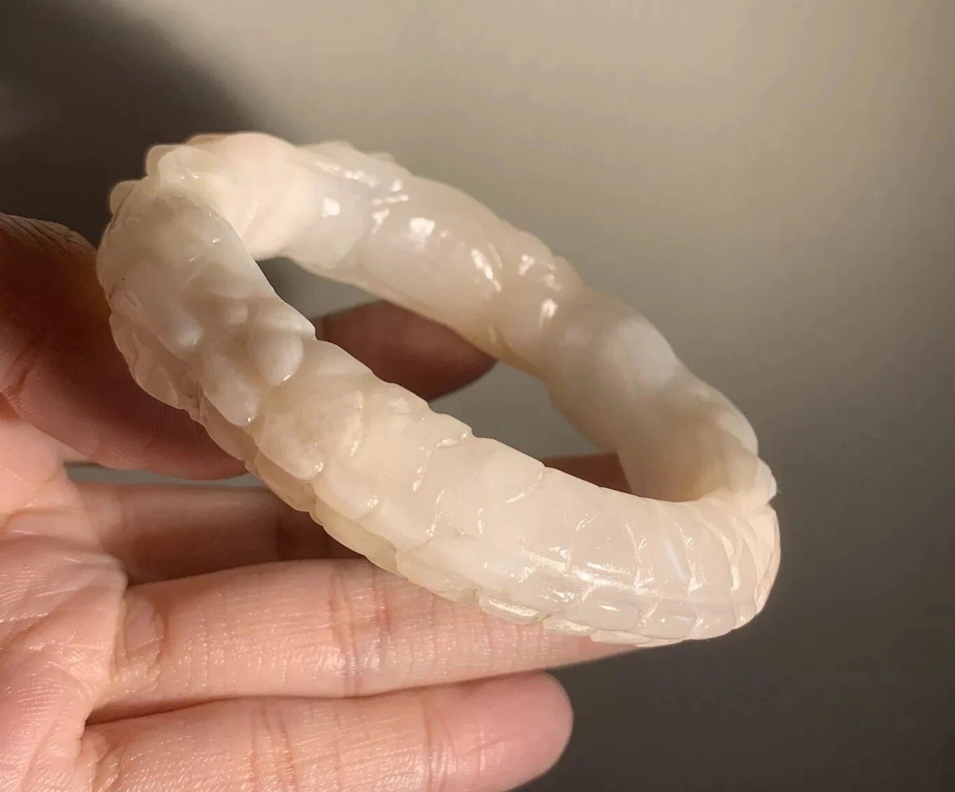 55.5mm Natural Mongolian Jade Bangle/Shetei Cui/Hand Craved Two Dragons