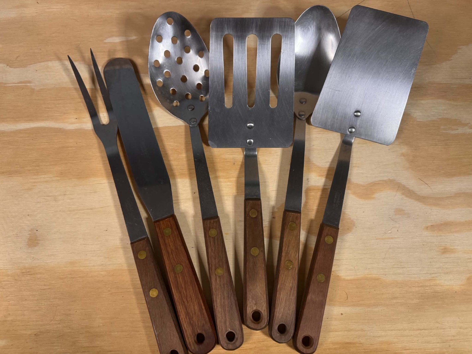 Vtg 50's Supre-Macy Stainless Steel Kitchen Utensils Lot 6pc Wood Handle MCM