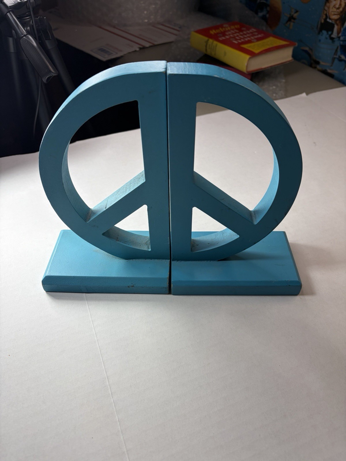 Peace Sign Light Blue Wooden Bookends