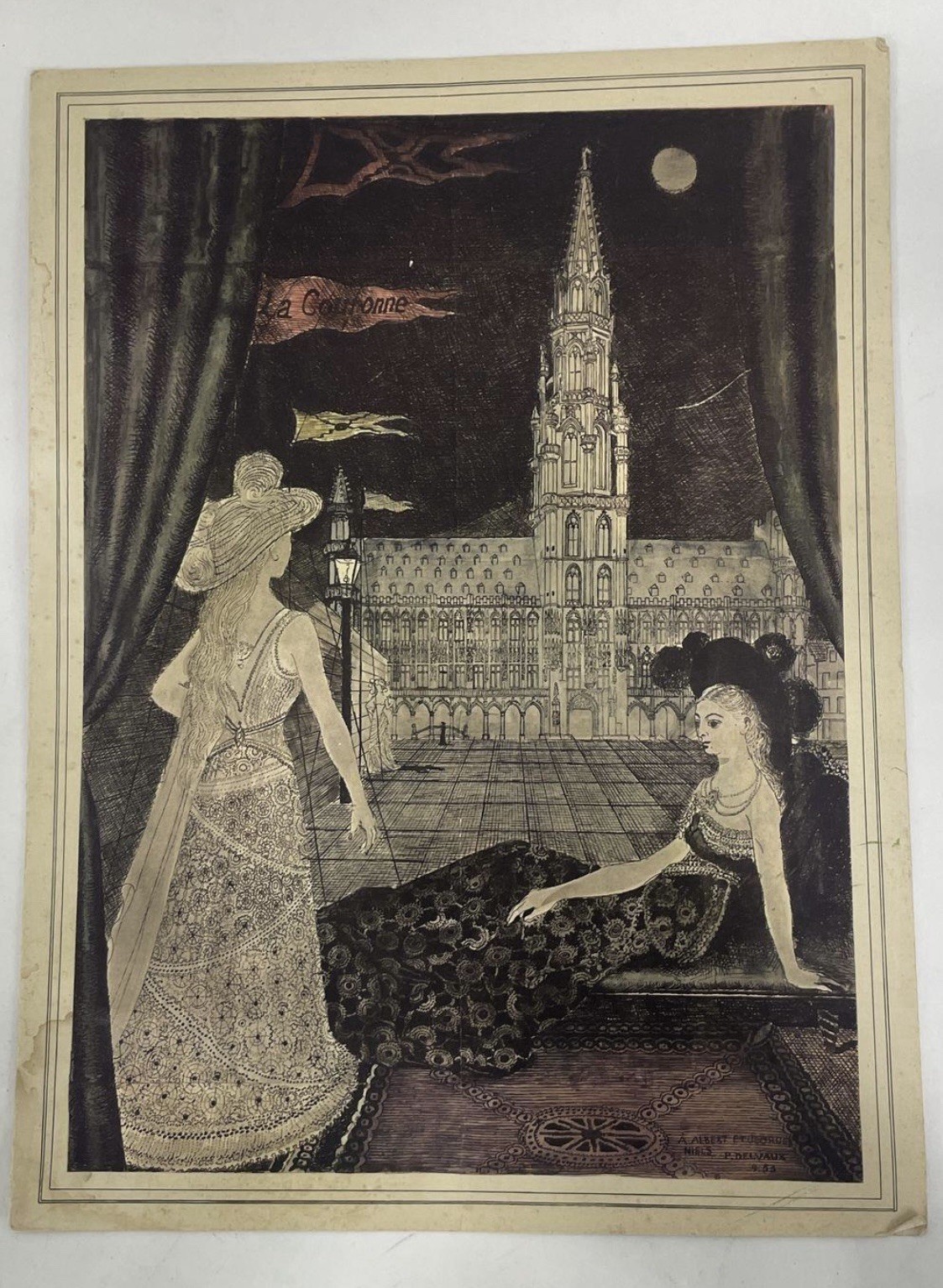 Vintage La Couronne Restaurant Menu in Brussels Belgium 1950s Paul Delvaux Art