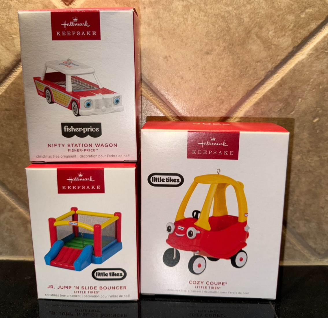 Hallmark Lot of 3 Little Tikes Fisher-Price Ornaments Cozy Coupe Bouncer Wagon