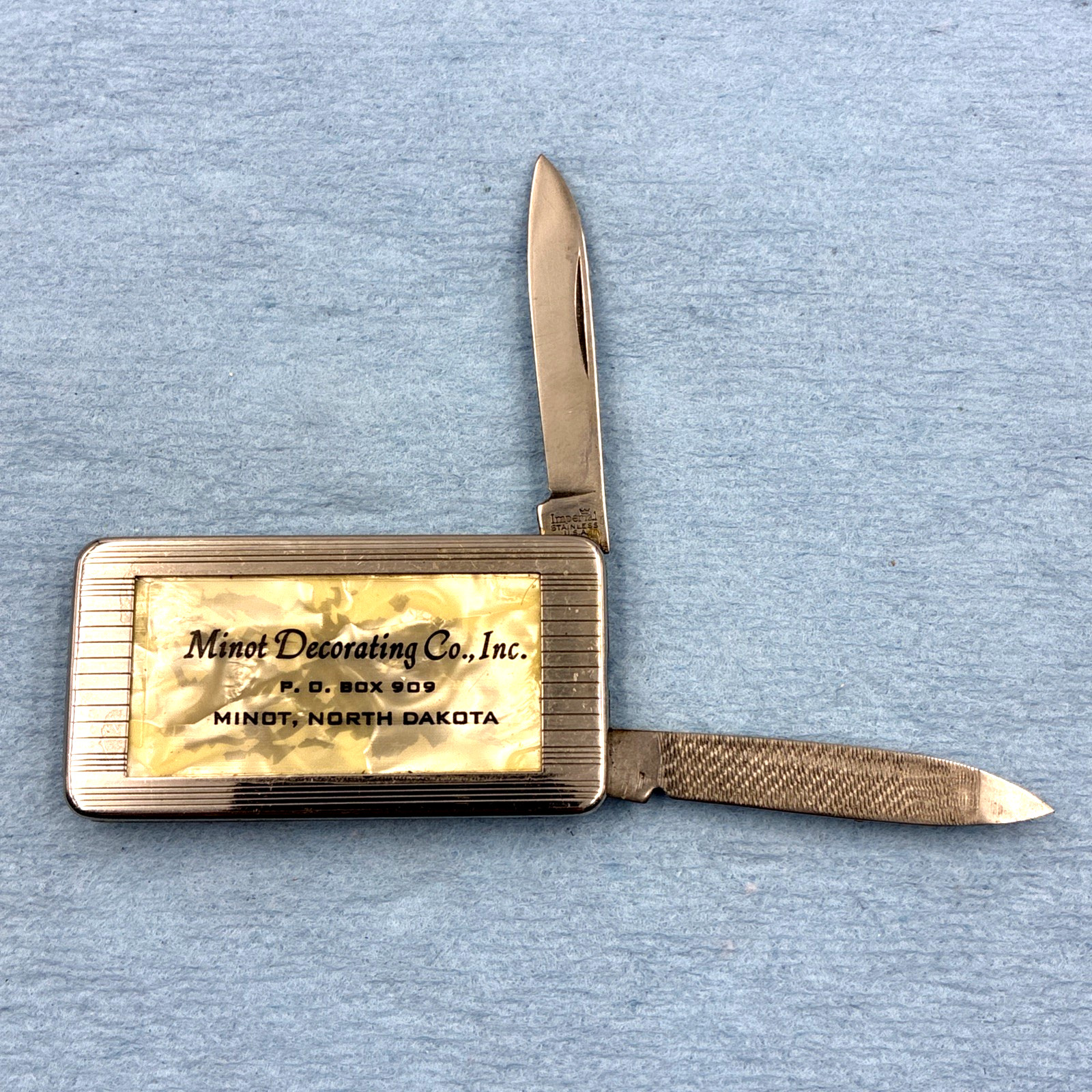 Vintage Imperial Advertising Knife File Moneyclip Money Clip Minot ND a753