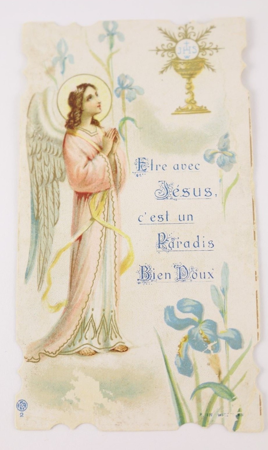 Vintage Antique Die Cut Holy Card Easter Iris Chalice Angel Jesus 