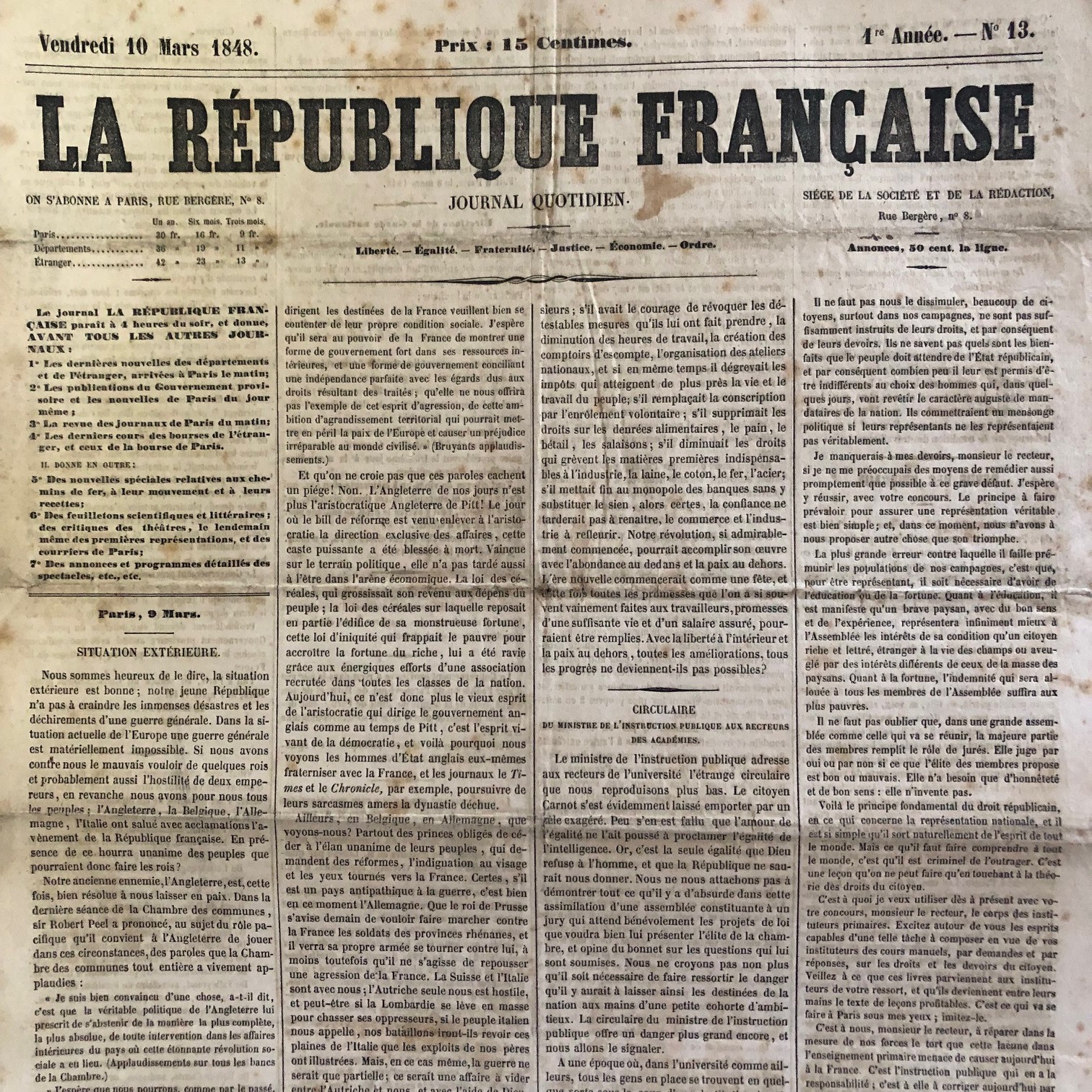 Journal LA REPUBLIQUE FRANCAISE 10 March 1848 Circular de CARNOT aux Recteurs Journal LA REPUBLIQUE FRANCAISE 10 March 1848 Circular de CARNOT aux Recteurs
