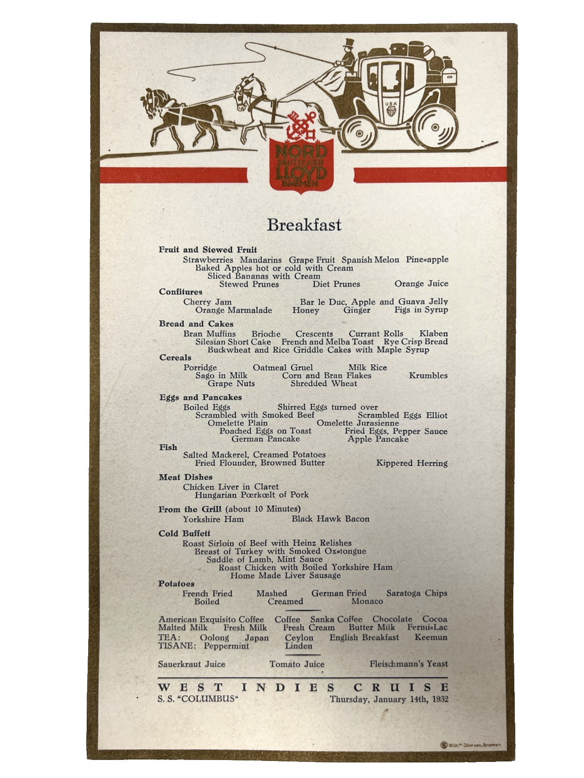 Nord Deutscher Lloyd Bremen Breakfast Menu From January 14, 1932, S.S. Columbus