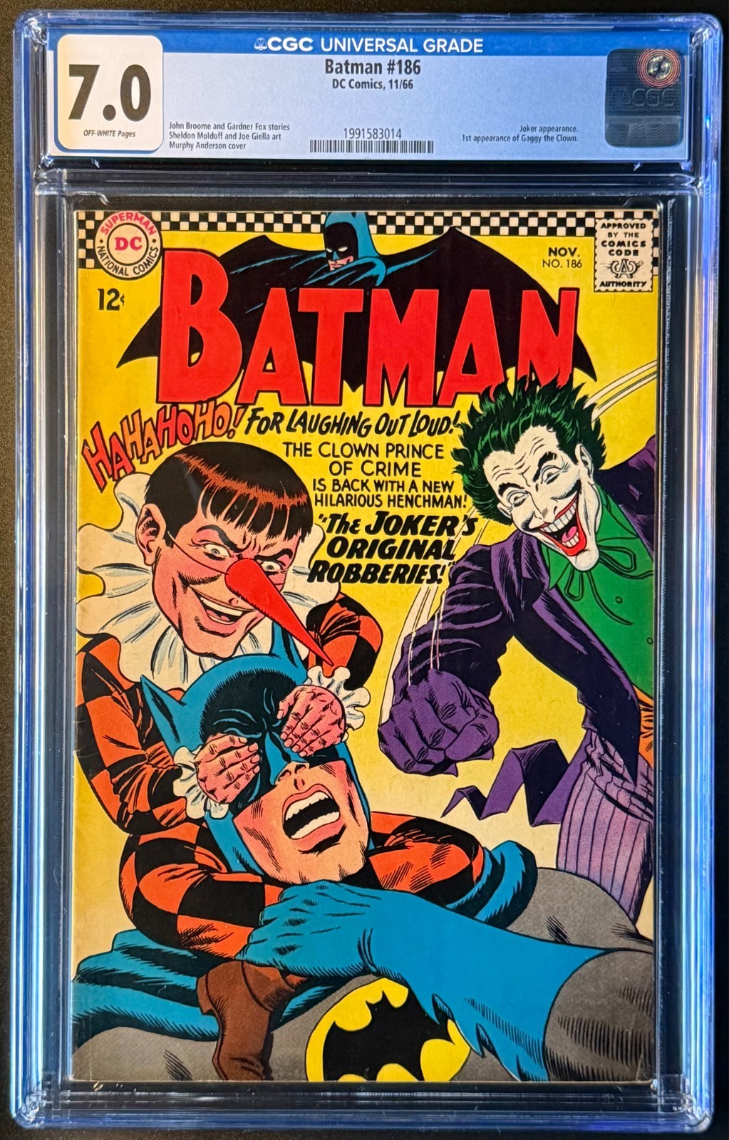 Batman #186 (DC, 1966) CGC 7.0 OWP 1st App Gaggy the Clown - Joker New CGC case Batman #186 (DC, 1966) CGC 7.0 OWP 1st App Gaggy the Clown - Joker New CGC case