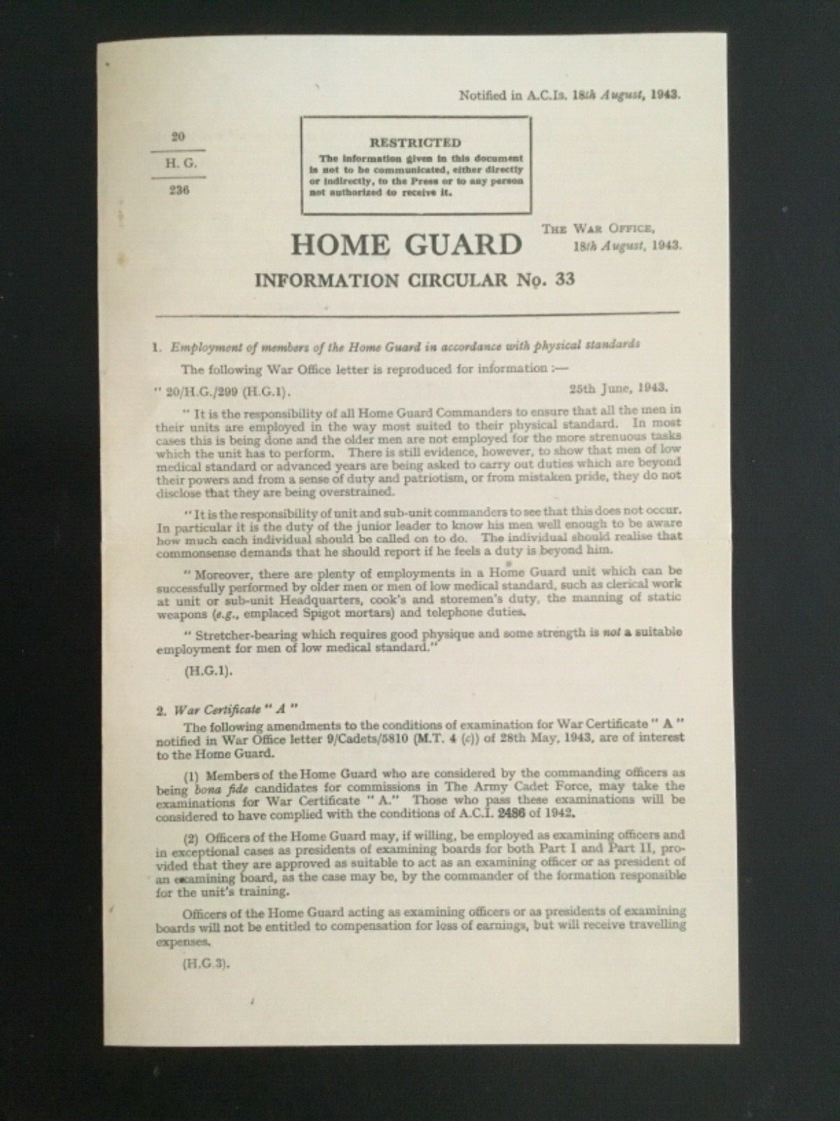 1943 WWII HOME GUARD INFORMATION CIRCULAR No.33 : THE WAR OFFICE