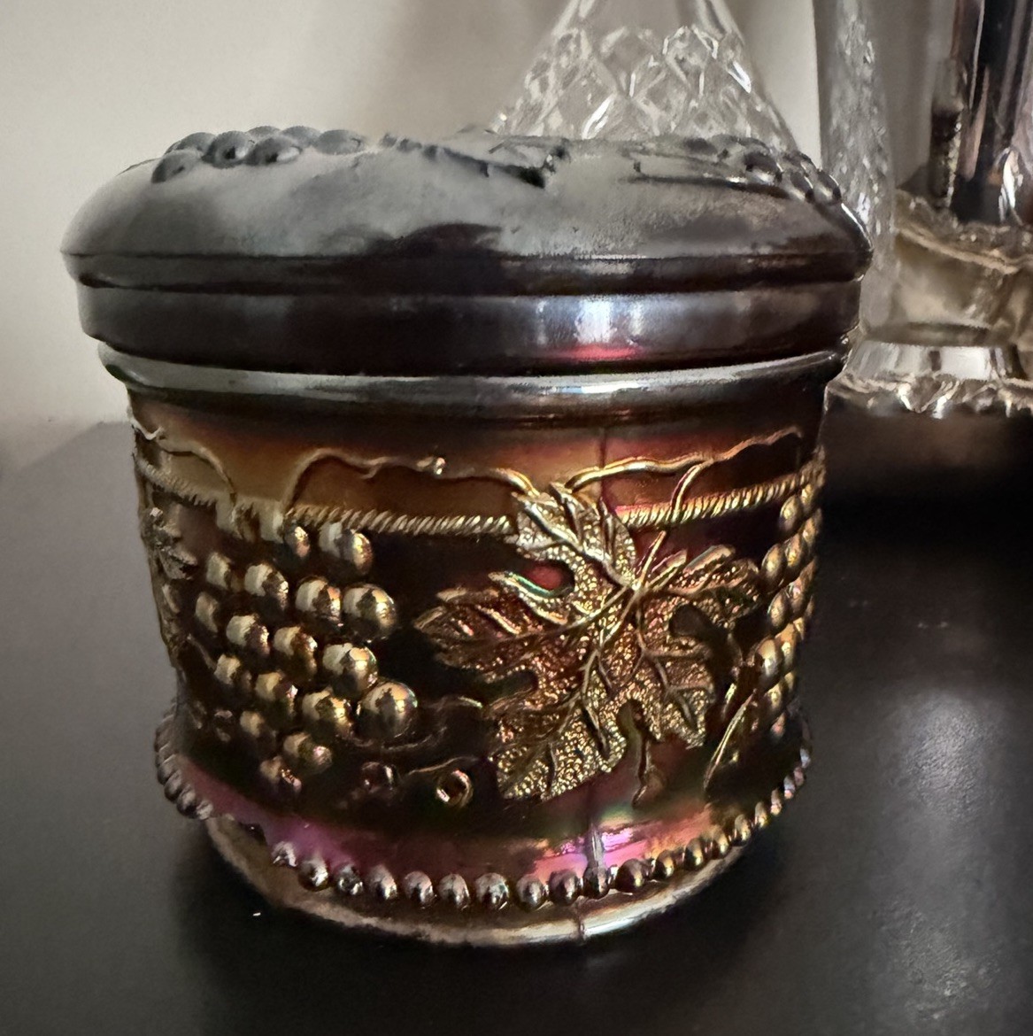Antique Northwood Grape & Cable Powder Puff Jar ~ Amethyst Carnival Glass *CHIP