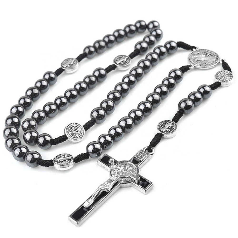 Saint St Benedict Medal Hematite Rosary – 15 Saint St Benedict Medal Hematite Rosary – 15