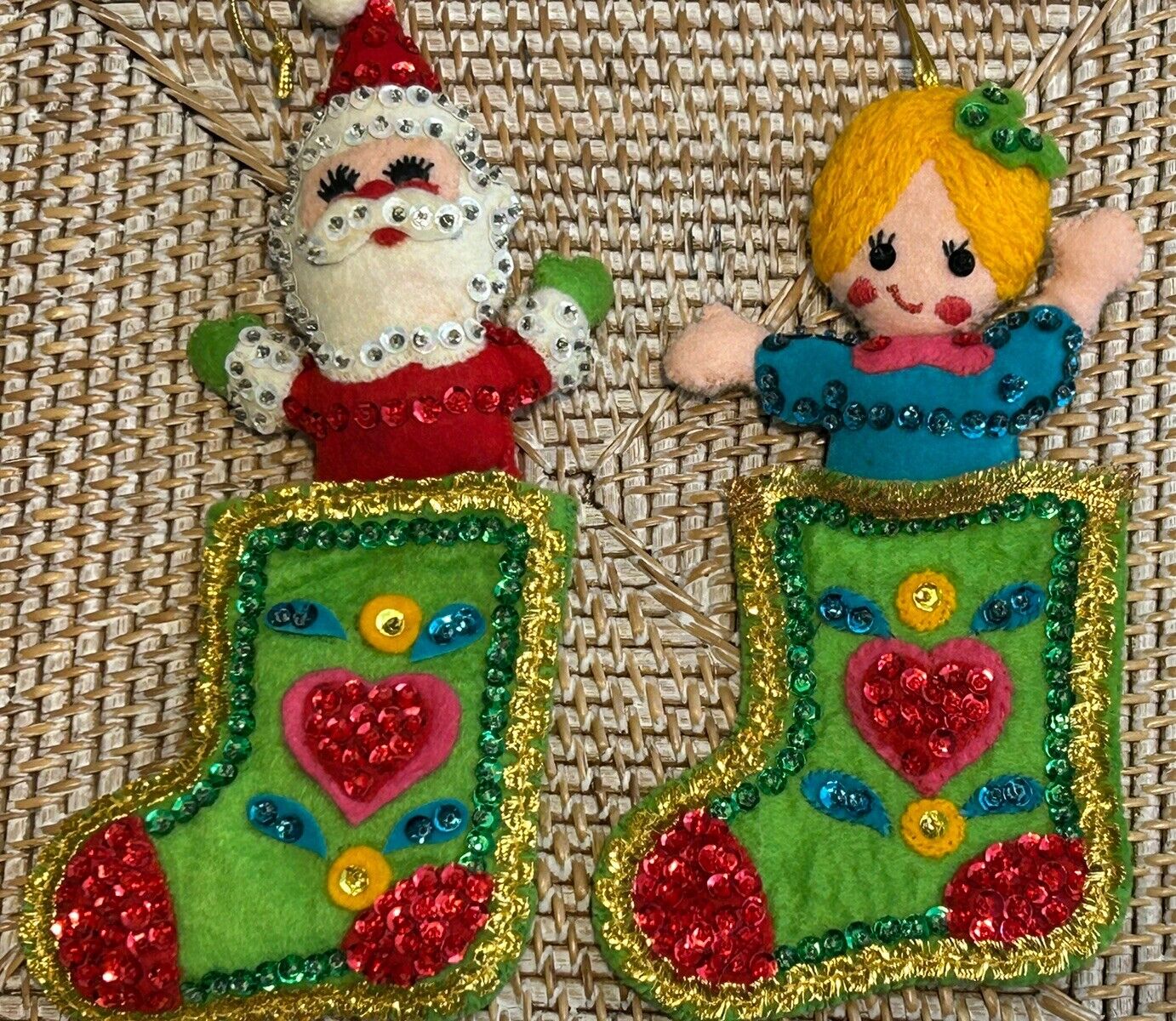 Vintage Felt Sequin Santa Claus & Doll In Stockings Christmas Ornaments Lot Of 2