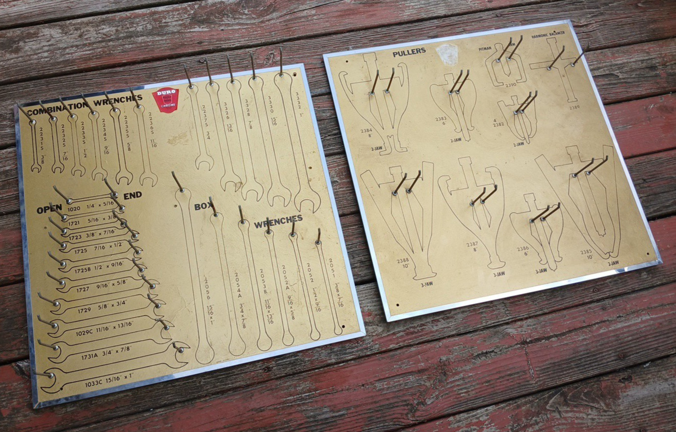 Lot 2 Big Vintage Duro Tools Wall Storage Organizer Signs Wrenches & Pullers Set