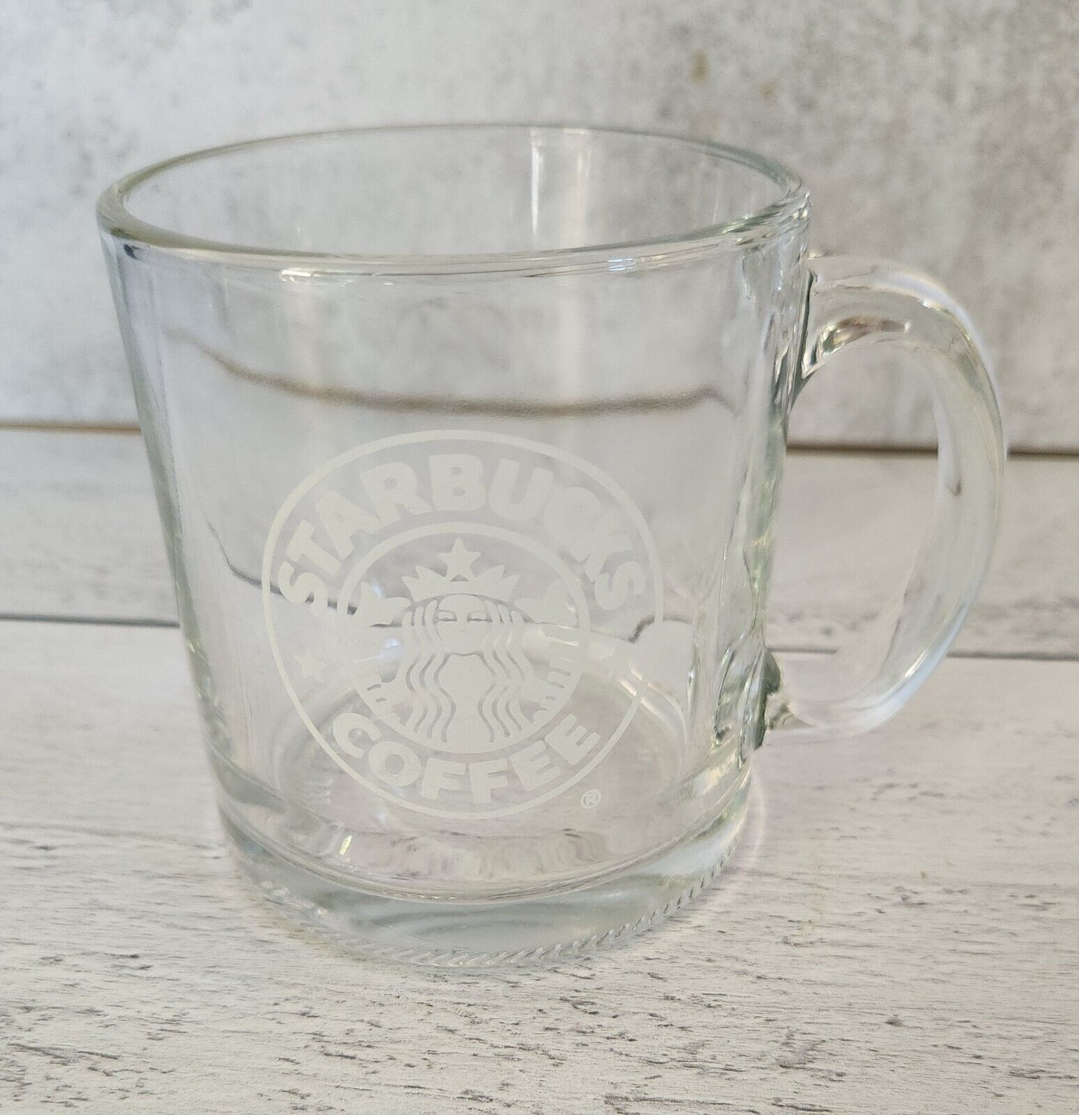 STARBUCKS Clear Glass Coffee Cup Mug Etched Siren/Mermaid Logo 12 oz
