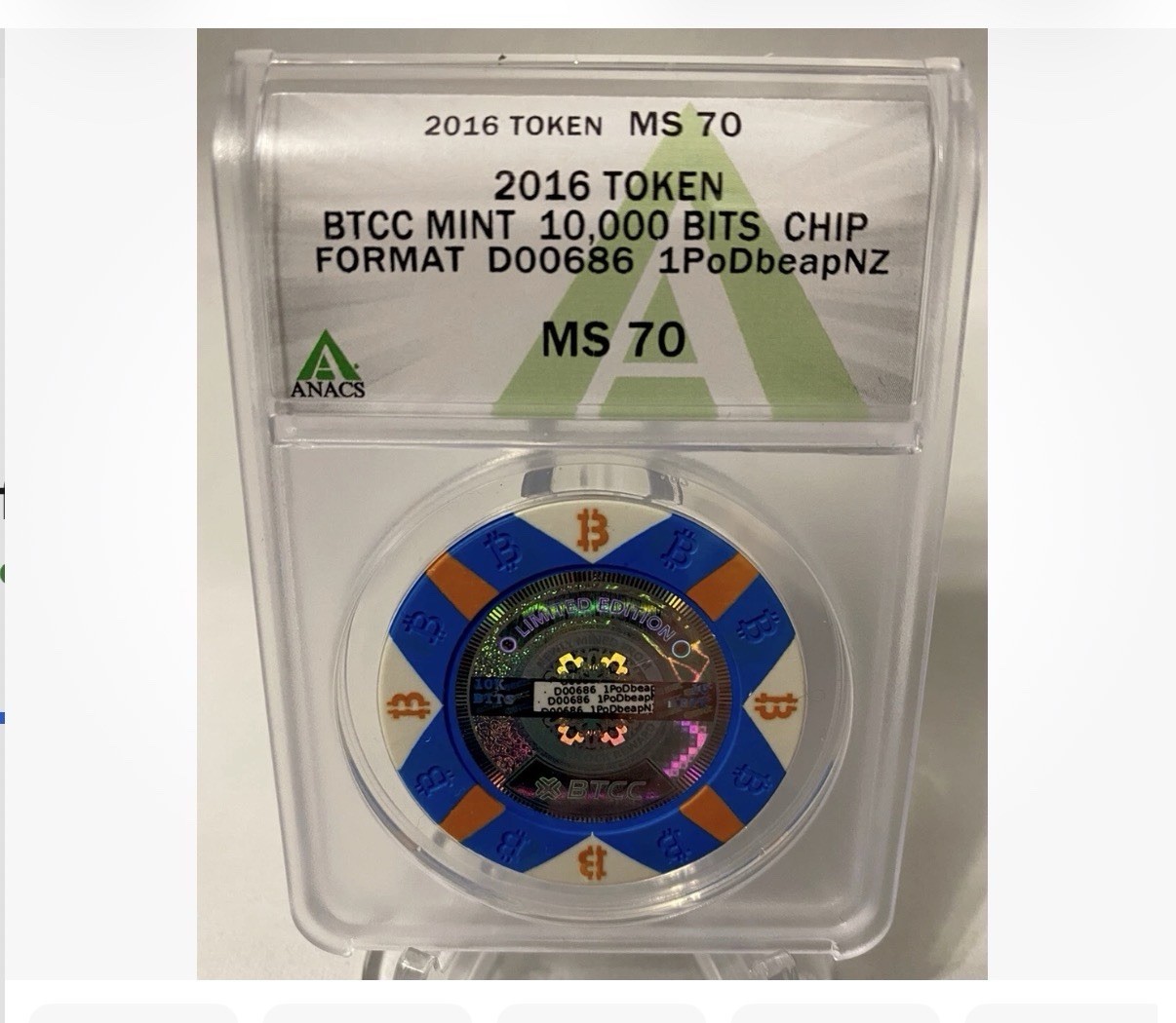 BTCC Mint 2016 10,000 Bits Non-Casino Chip ANACS MS 70 unpeeled loaded .01 rare