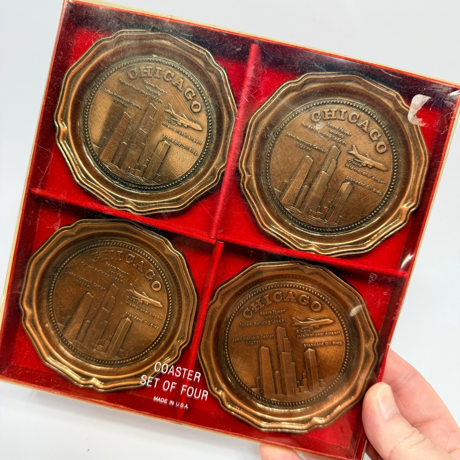 Set 4 Vintage Metal Chicago Souvenir Drink Coasters Bronze Barware O\'Hare Sears