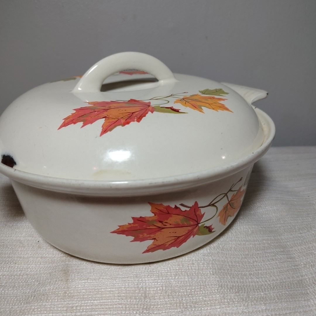 Descoware Belgium Enamel Casserole Dish Autumn Leaves Pattern 17-D 22-H Vintage