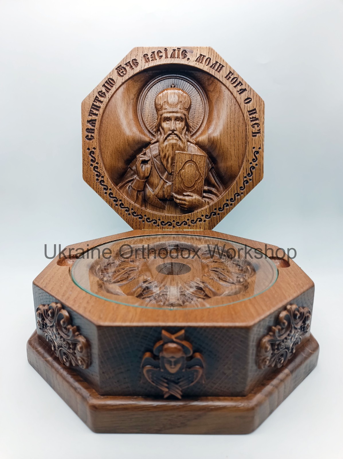 Saint Basil the Great Icon Reliquary – Hand-Carved Orthodox Wooden Box w Glass