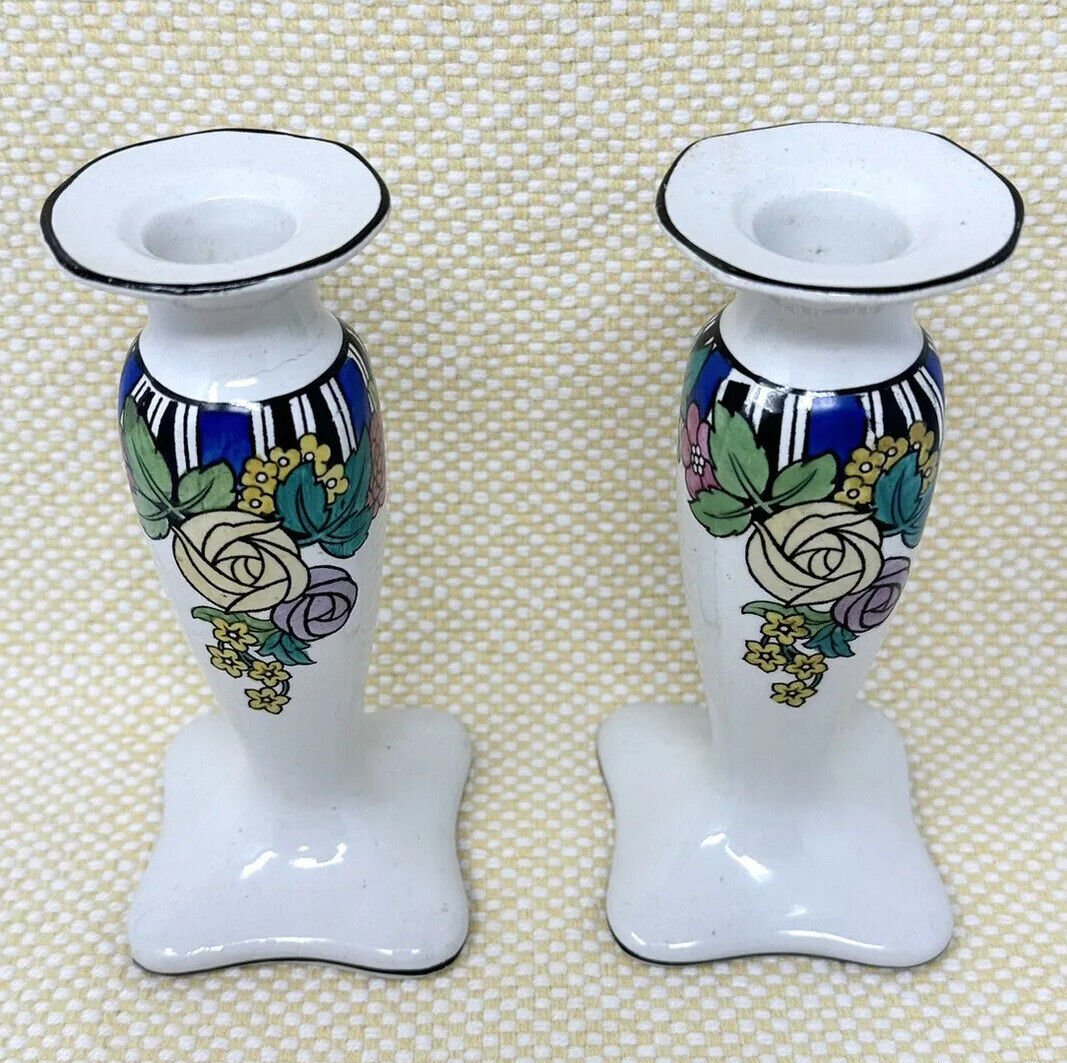 ATQ  Ceramic Candle Holders ART NOUVEAU Stylized Flower Whieldon Ware Raglan 6”H