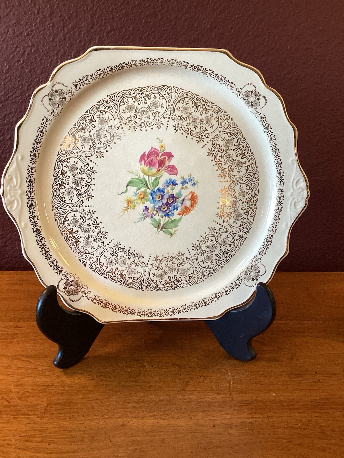 Vintage Queen Anne Porcelain Square Handled Serving Platter With 22K Gold Trim