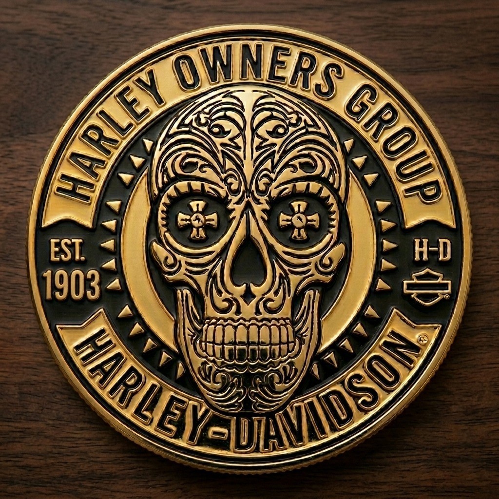 Harley-Davidson H.O.G Owners Group Challenge Coin Sugar Skull Est 1903 Gold