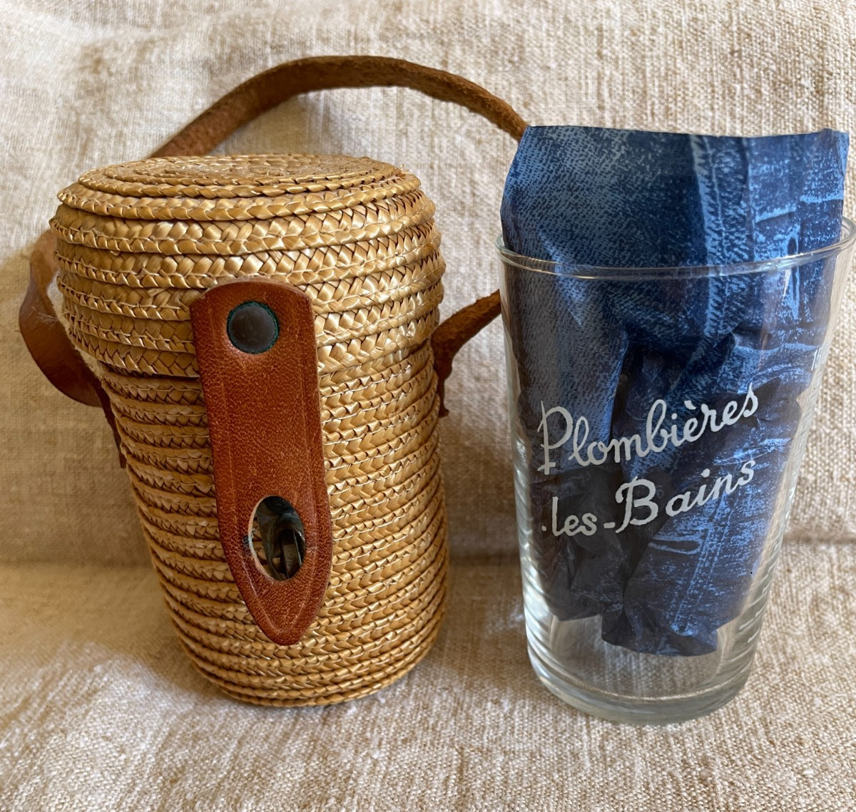 Antique French Spa Glass with Wicker Carry Holder Early 20th Century Plomieres