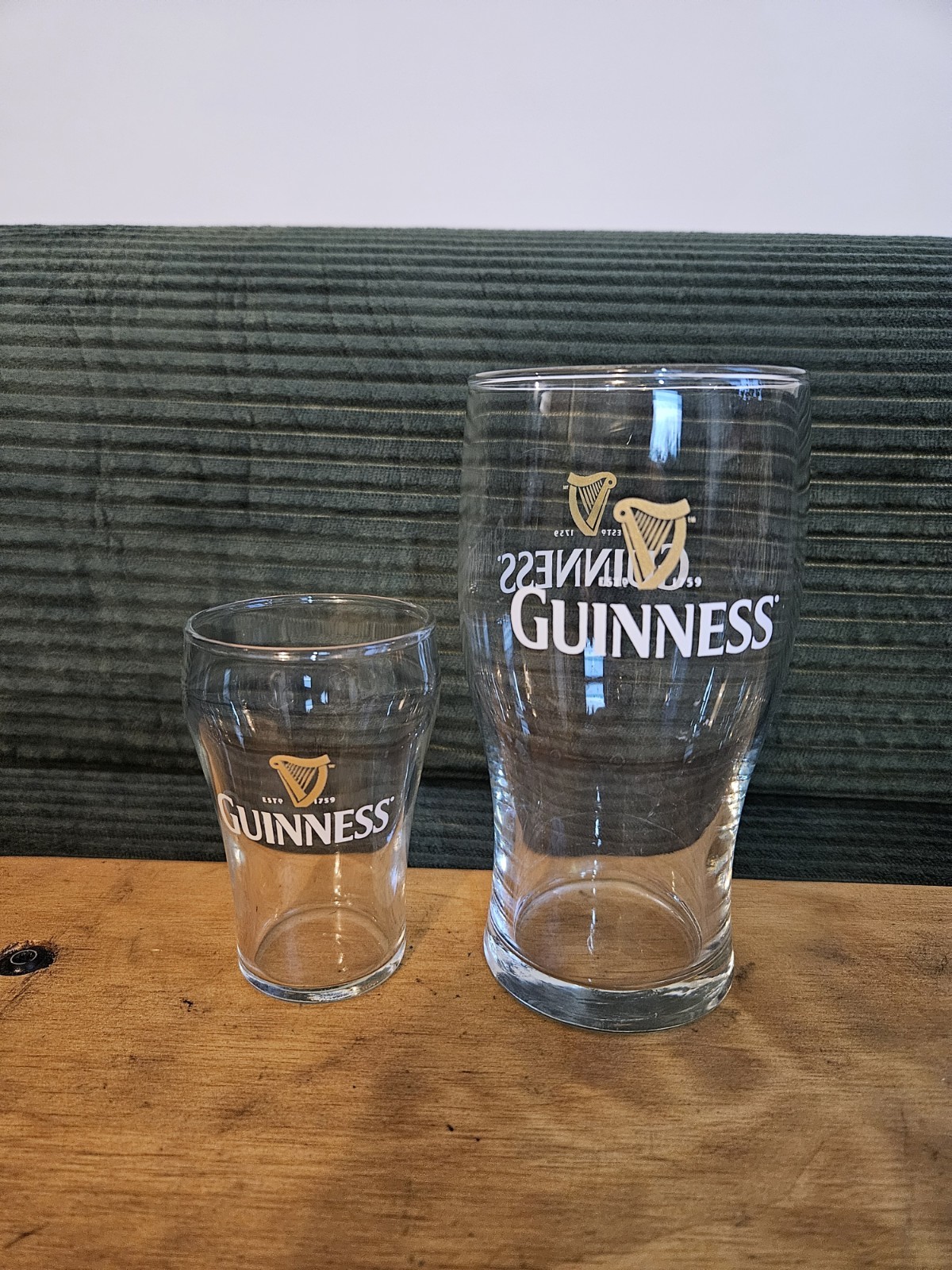 Vintage Guiness 16oz Pint Glass And 7oz Tasting Glass, White Lettering And Logo Vintage Guiness 16oz Pint Glass And 7oz Tasting Glass, White Lettering And Logo
