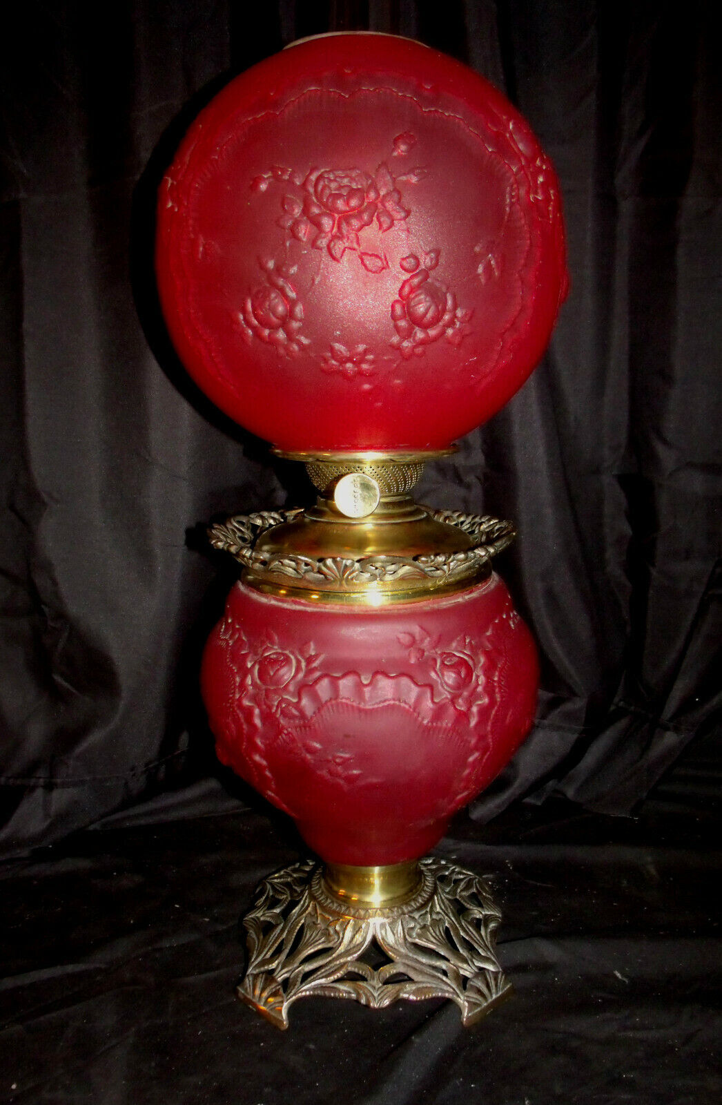  ANTIQUE PITTSBURGH  RED SATIN GLASS G.W.T.W.  OIL LAMP (RIBBONS & ROSES PATTERN