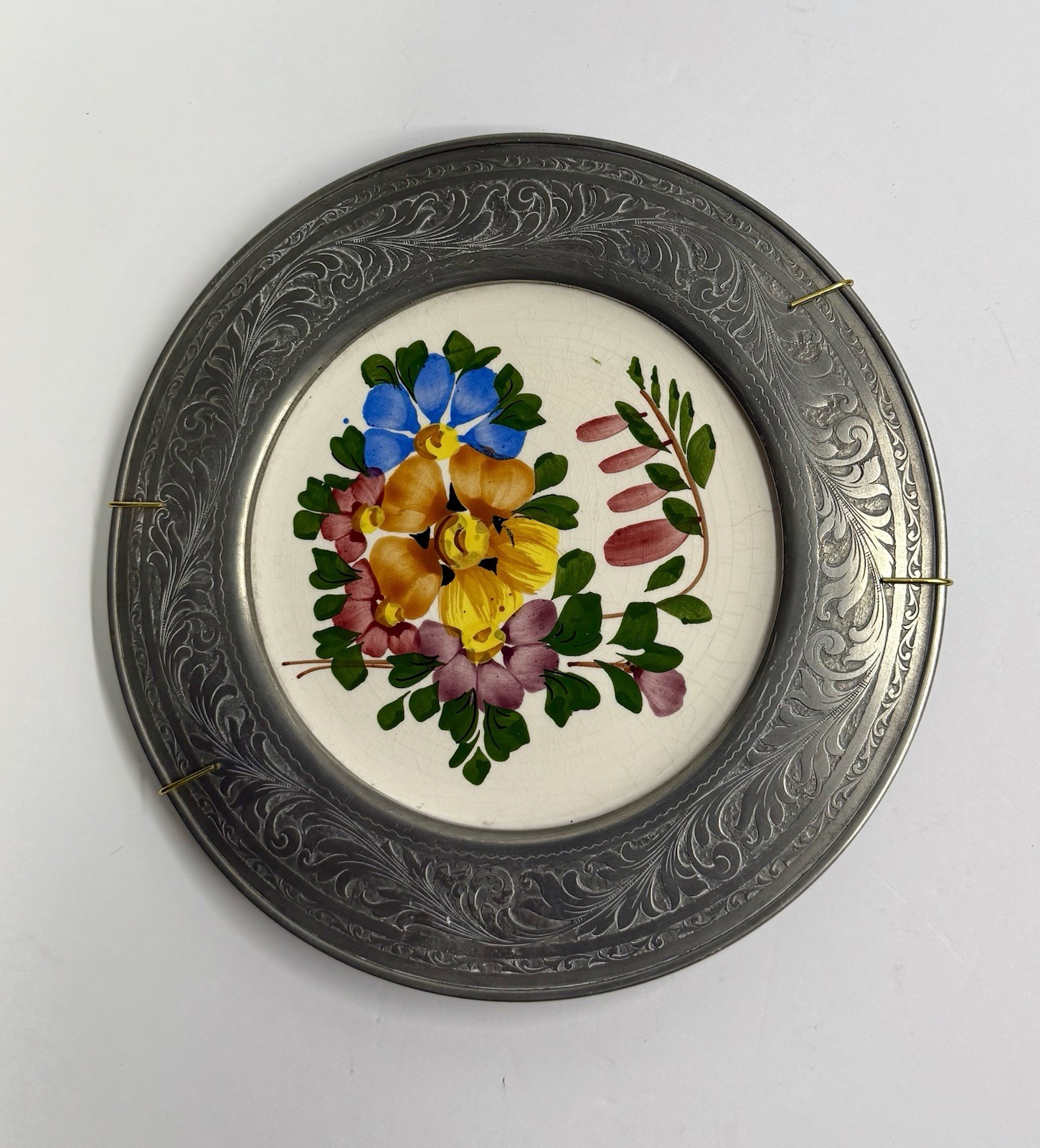 Vintage Pewter Frame & Floral Ceramic Plate Wall Hanging Signed Haud Gewalt