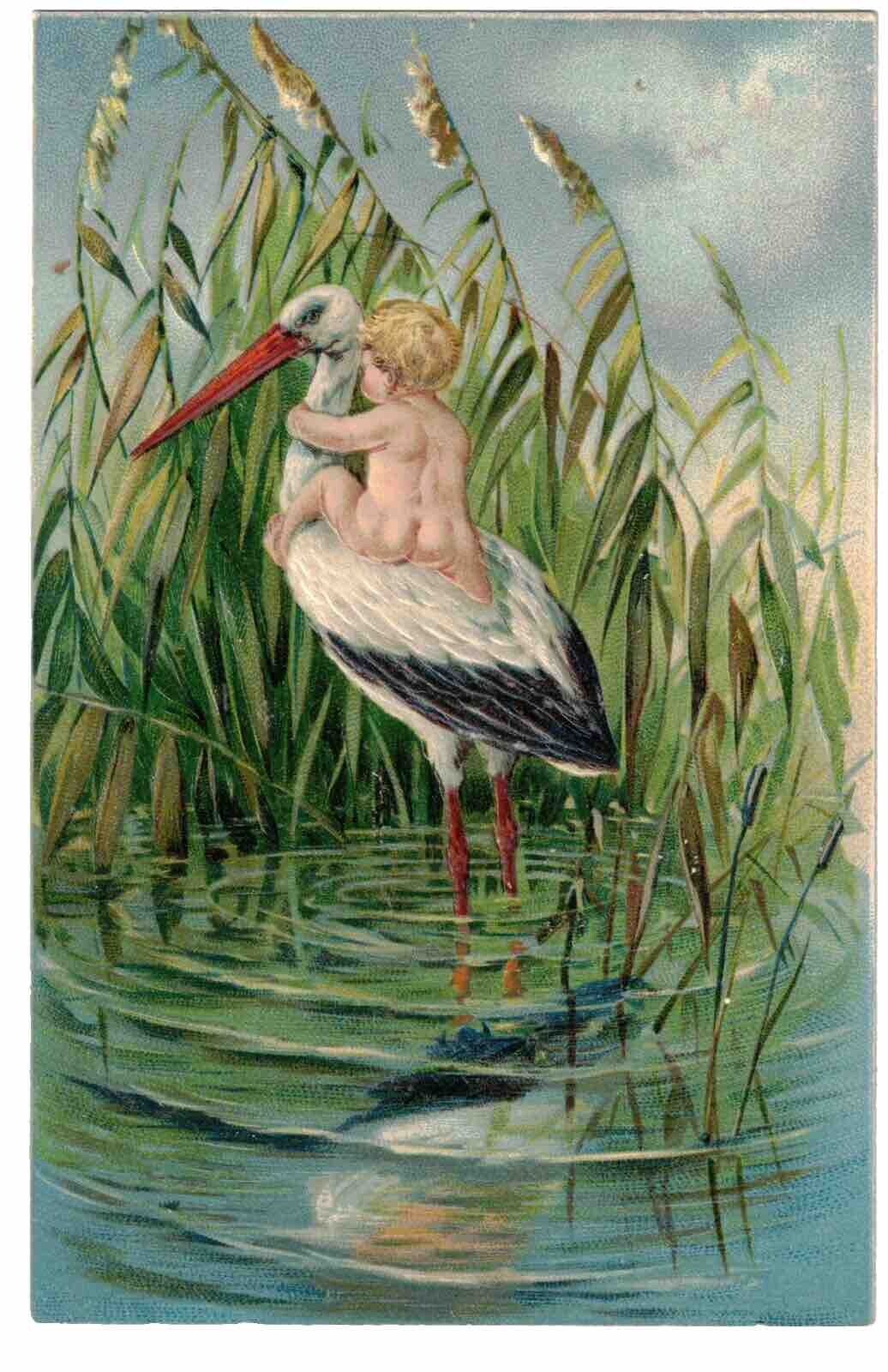 Birth Announcement Baby on Stork  Vintage Postcard LA1