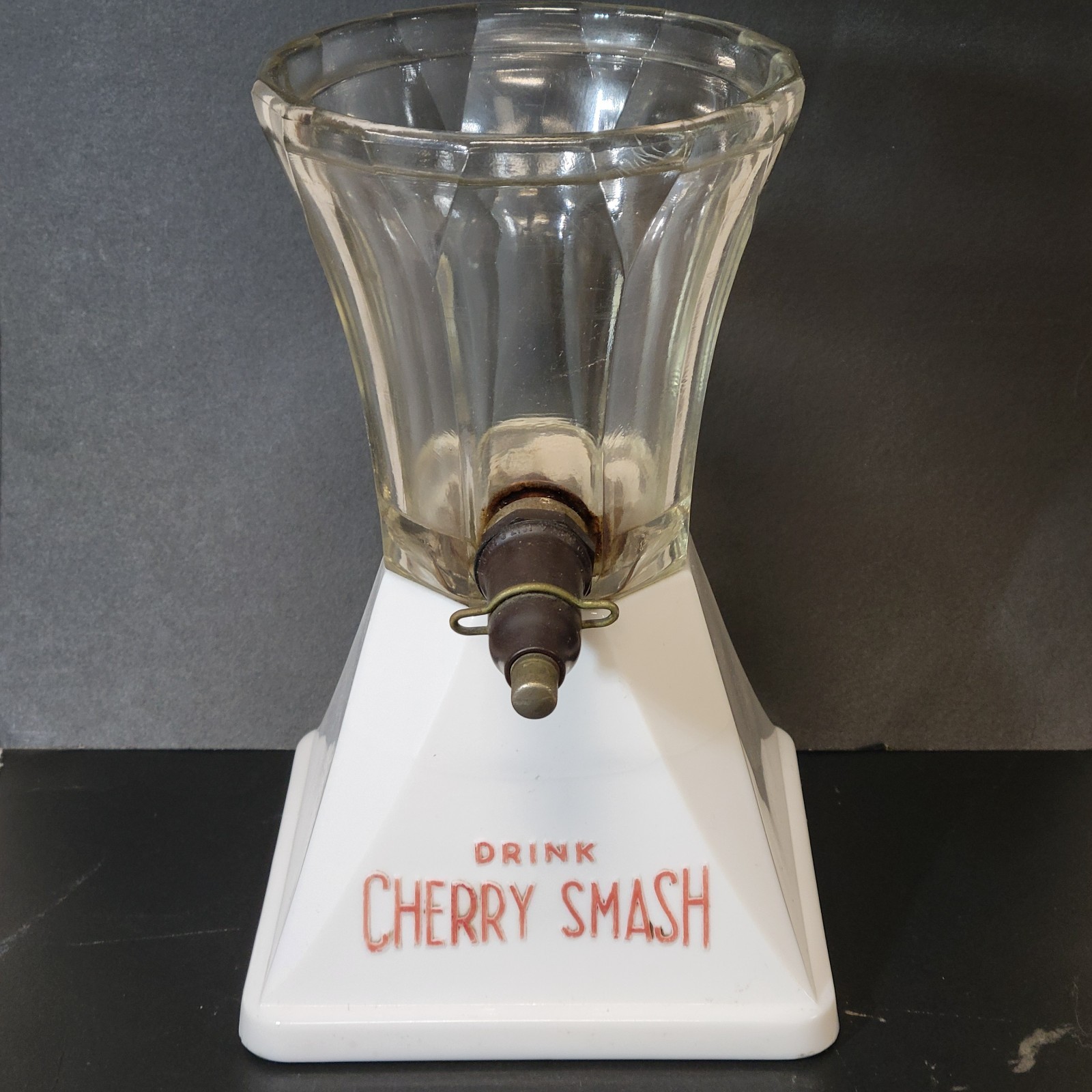 c1920s Cherry Smash Soda Fountain Dispenser Antique Art Deco Milk Glass Base