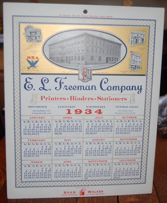 VINTAGE 1934 E.L. FREEMAN CO.  PRINTERS RI. NRA CALENDAR FIRE ALARM SIGNALS SIGN