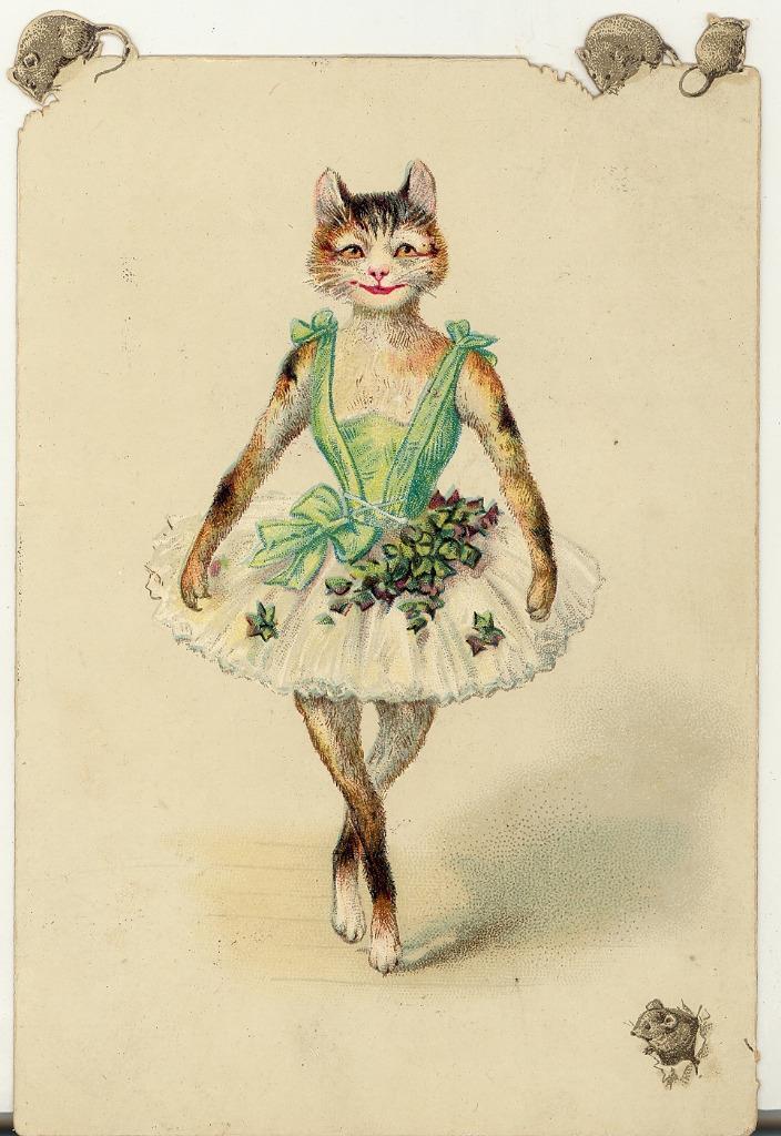 Antique ANTHROPOMORPHIC CAT BALLERINA & RATS Die-Cut Trade Card VG Cincinnati