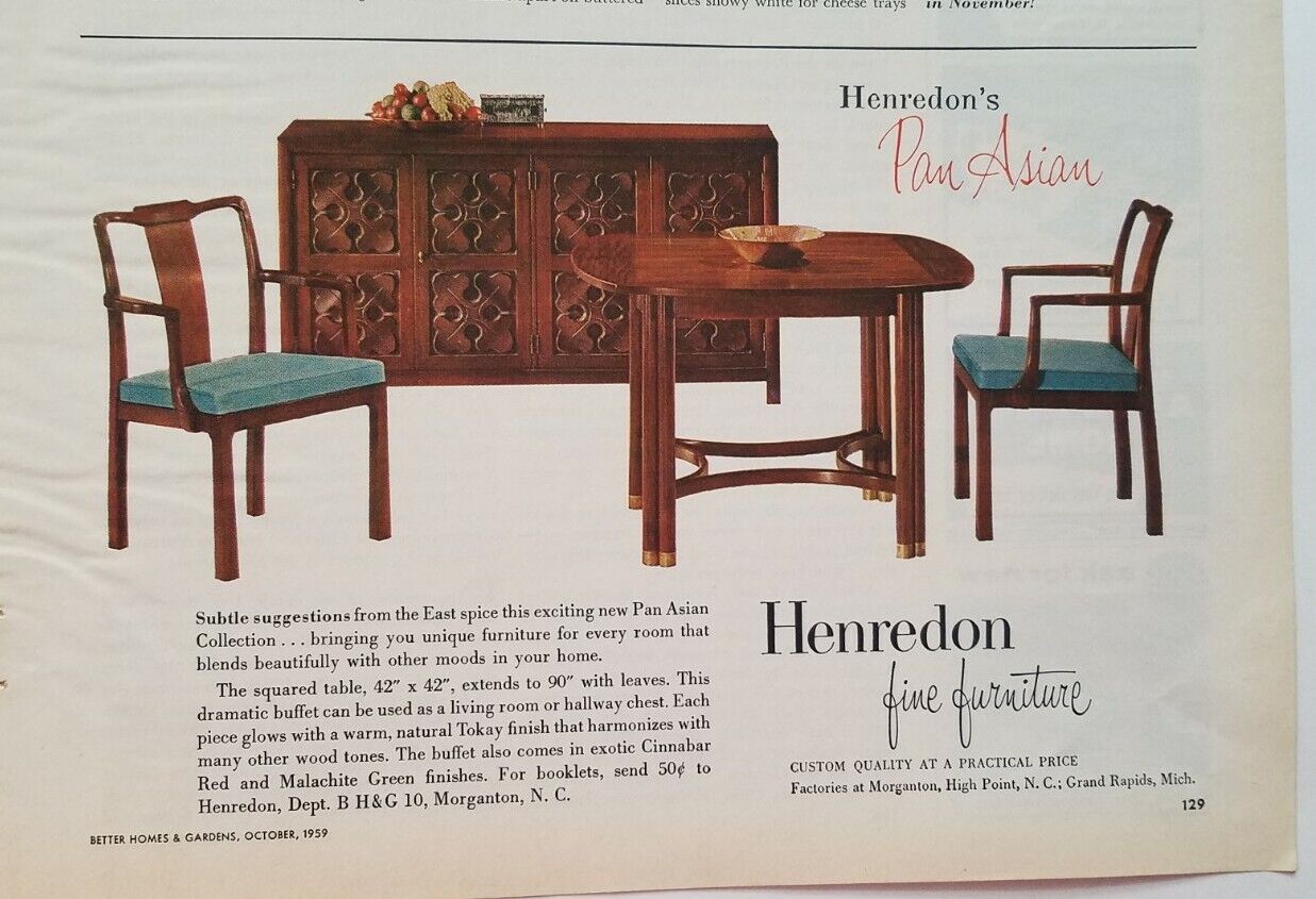 1959 mid-century modern Henredon Furniture pan-Asian table chair Buffet ad