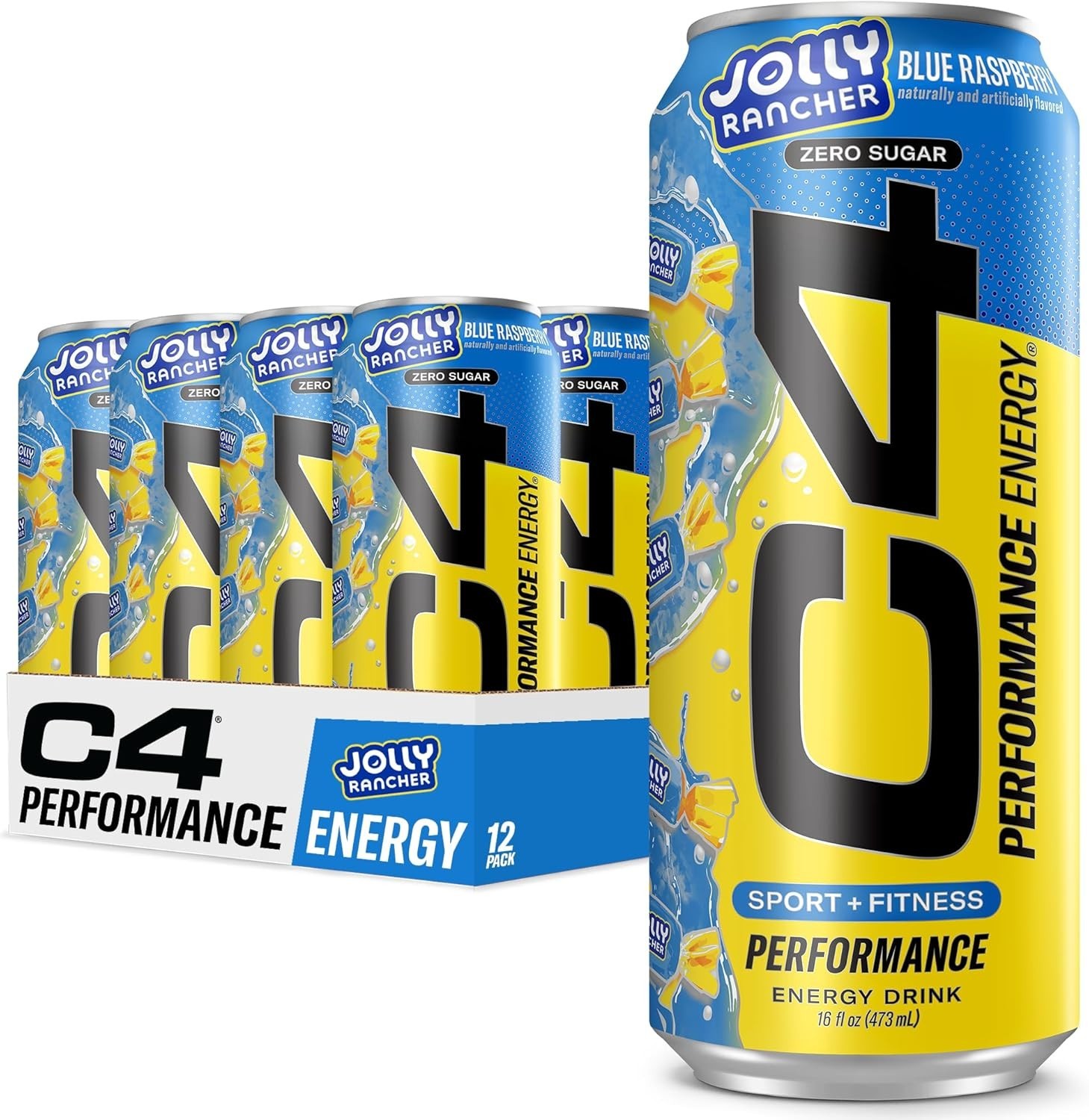 C4 Performance Energy Drink, Jolly Rancher Blue Raspberry, Zero Sugar Carbonated